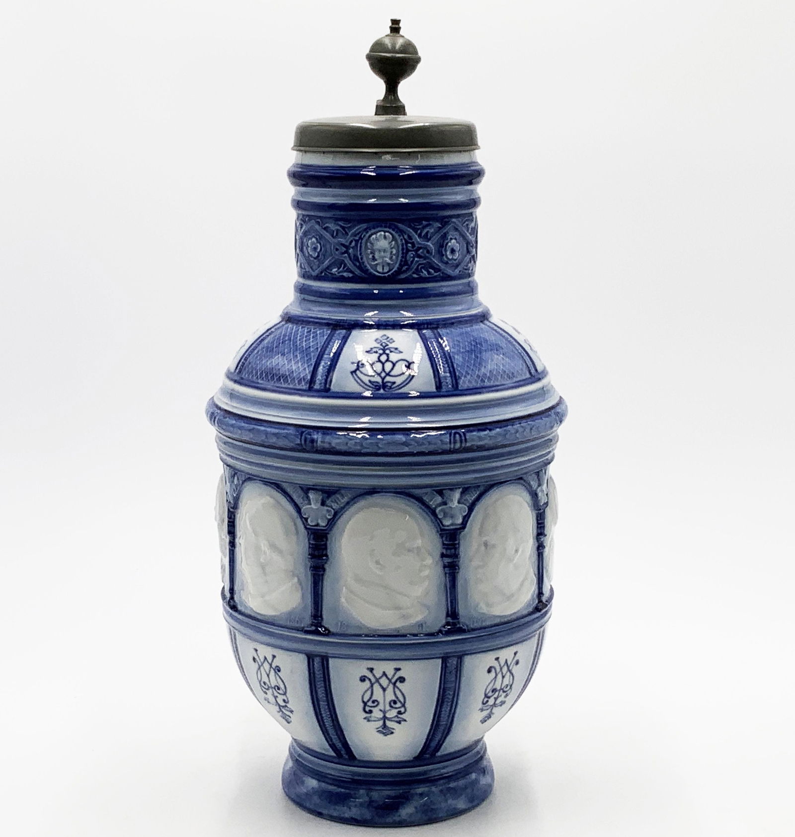 Large 2.5 Liter Unsigned KPM Porcelain Tankard.: Depicting 8 of Germany's Most Prolific Music Composers. Measures 14" Tall. Third-Party Shipping Required.