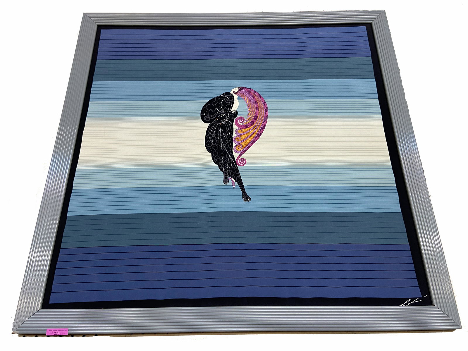 1970's Framed Erte Art Deco Silk Scarf.: Titled "Beauty and the Beast". In Good Condition. The Frame has a Little Damage in the Lower Left Corner. Measures 32 3/4" x 33 1/4", Excluding the Frame. Third-Party Shipping Required.