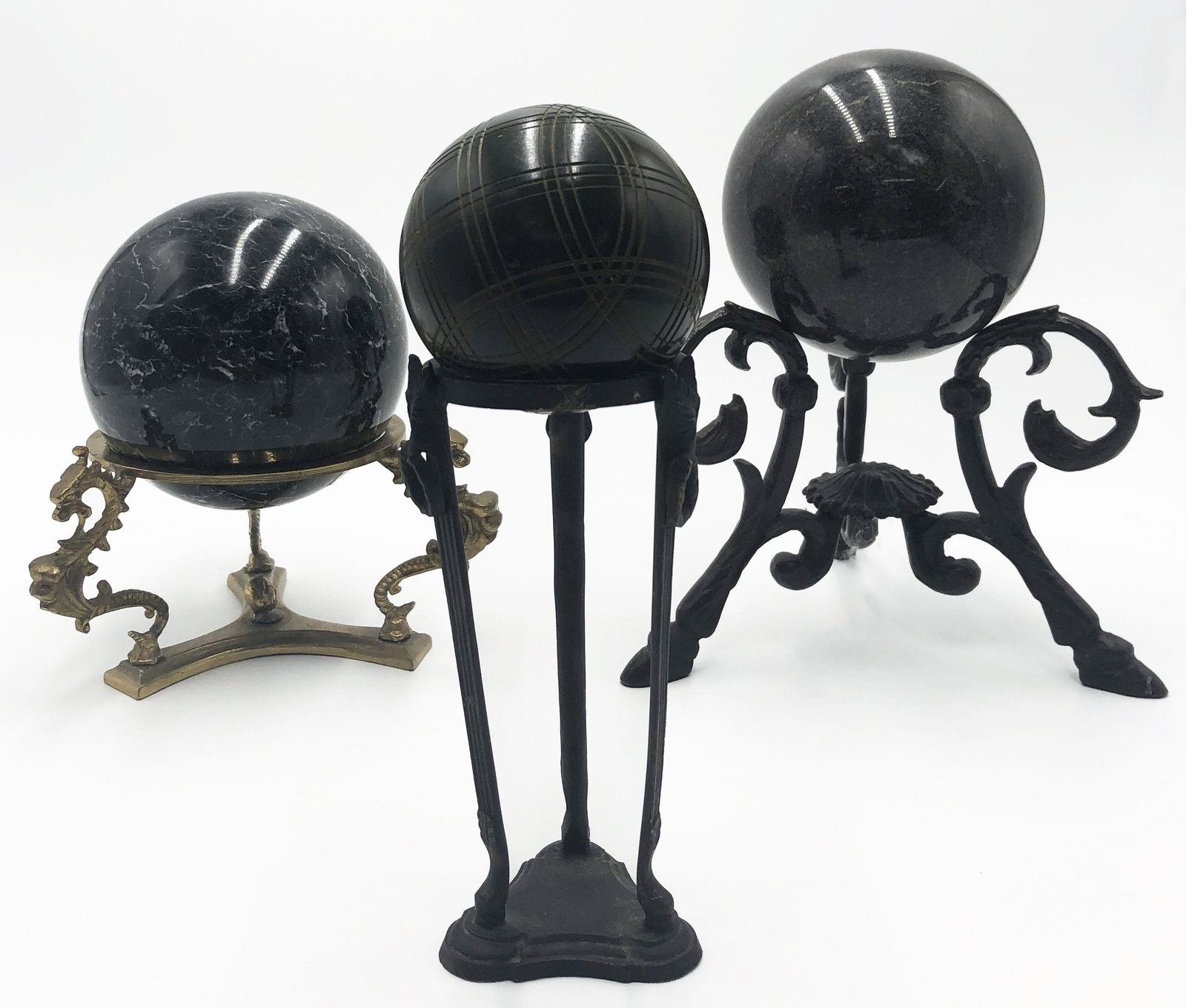 Lot of 3 Bronze Bases with Balls atop Them.: Two of the Balls are Marble. These Measure 7 1/4", 8 3/4, and 9 1/4" High. Third-Party Shipping Required.