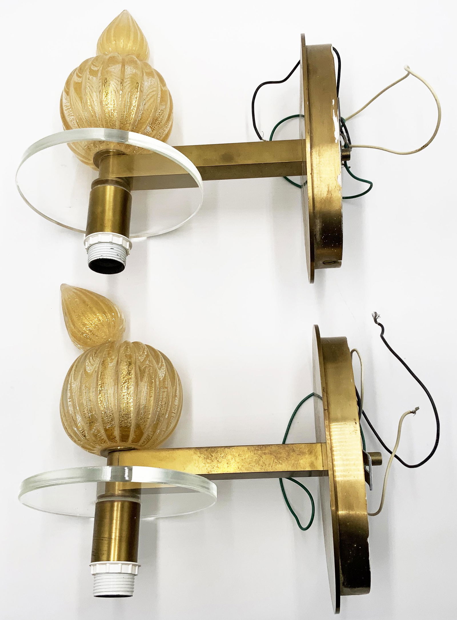 Pr. of Barbara Barry Murano Luminaire Sconces.: Glass and Brass. Lamp Portion Measures 10" Long. Third-Party Shipping Required.