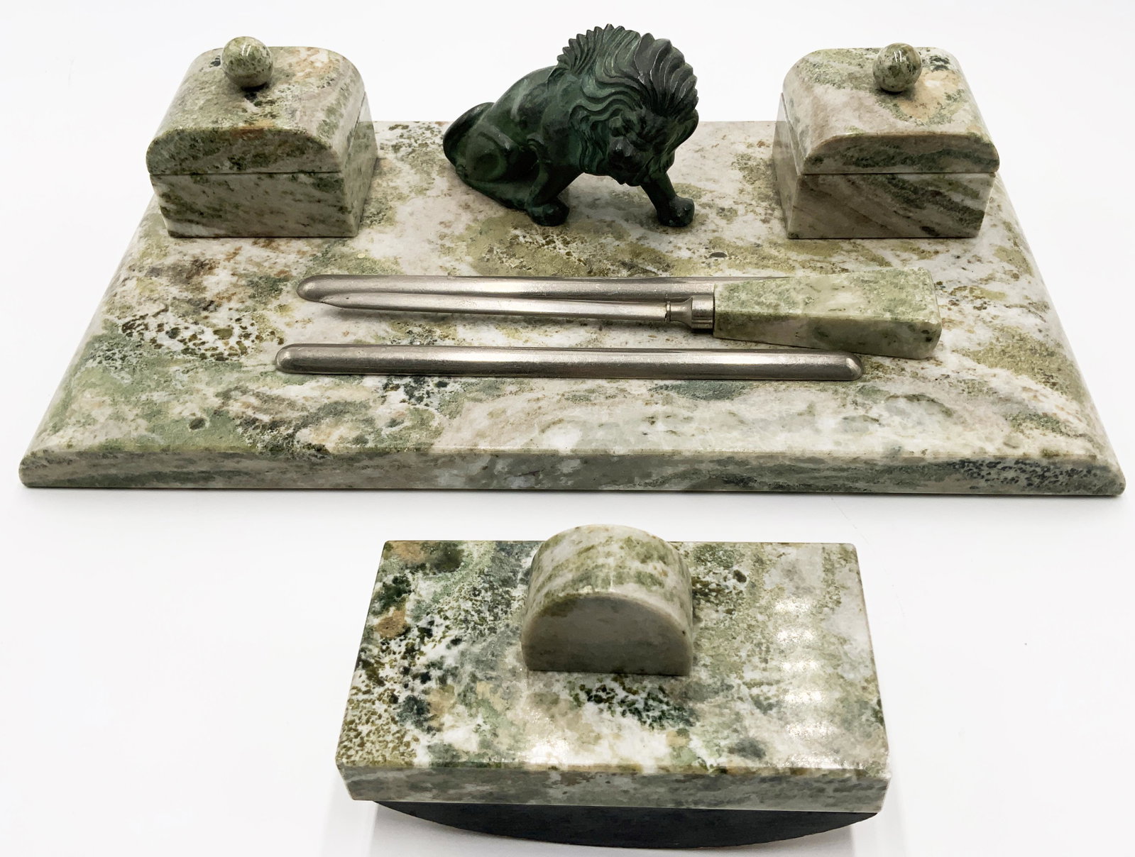 Green & White Marble Desk Set with Lion Figure.: The Lion Figure is Bronze. Base of Inkwell Set Measures 14 1/2" x 7 3/4". The Letter Press has a Small Chip on the Corner. Third-Party Shipping Required.