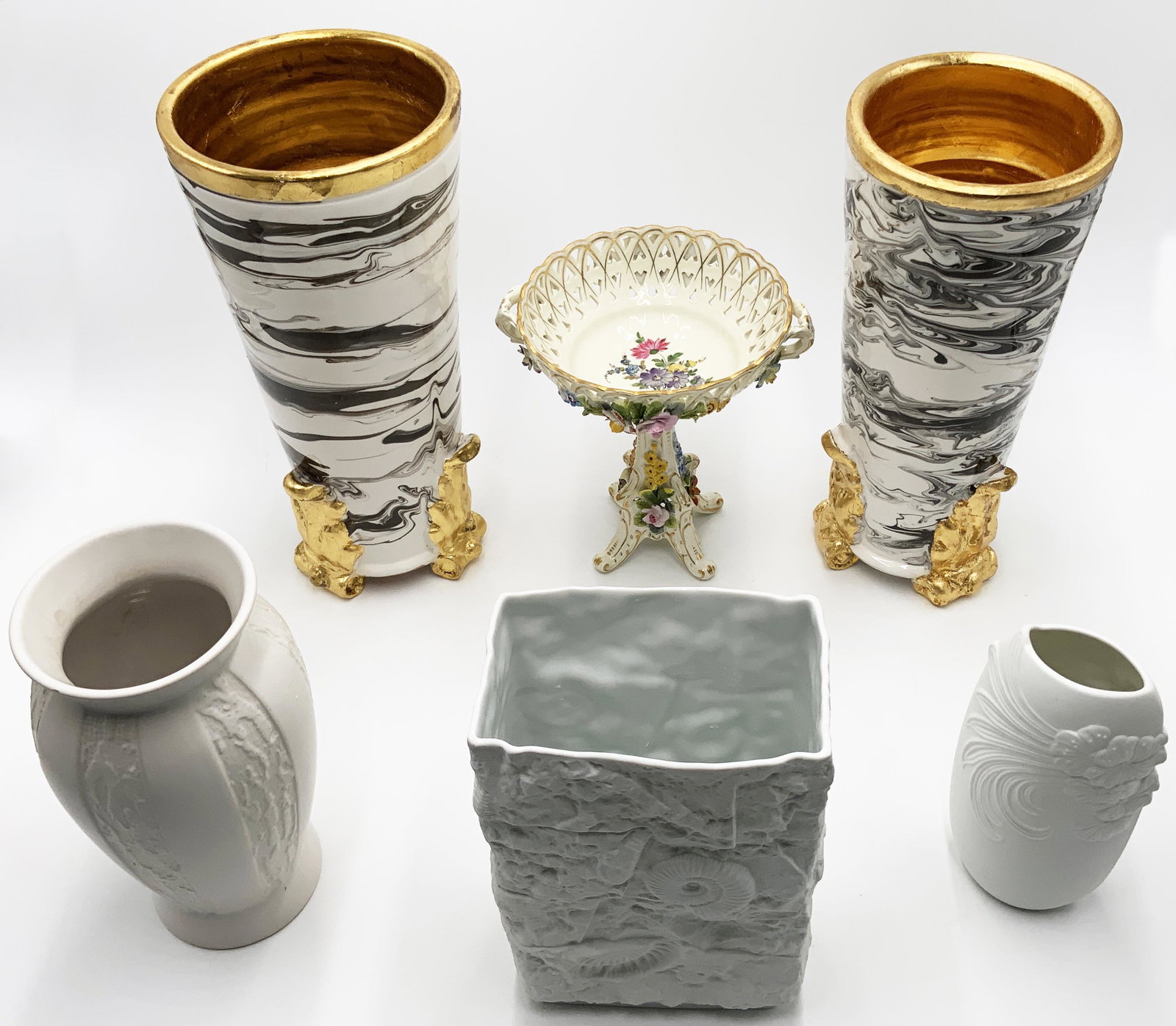 Lot of 6 Ceramic / Porcelain Pcs.: Includes: A Dreseden Compote (7 5/8" Tall), 2 Kaiser Vases (Shell & Flower Designs), Scheurleth German Vase, and Two Abigails Italy Mid-Century Swirl-Type Vases (12" and 12 1/2" Tall). Third-Party Shi