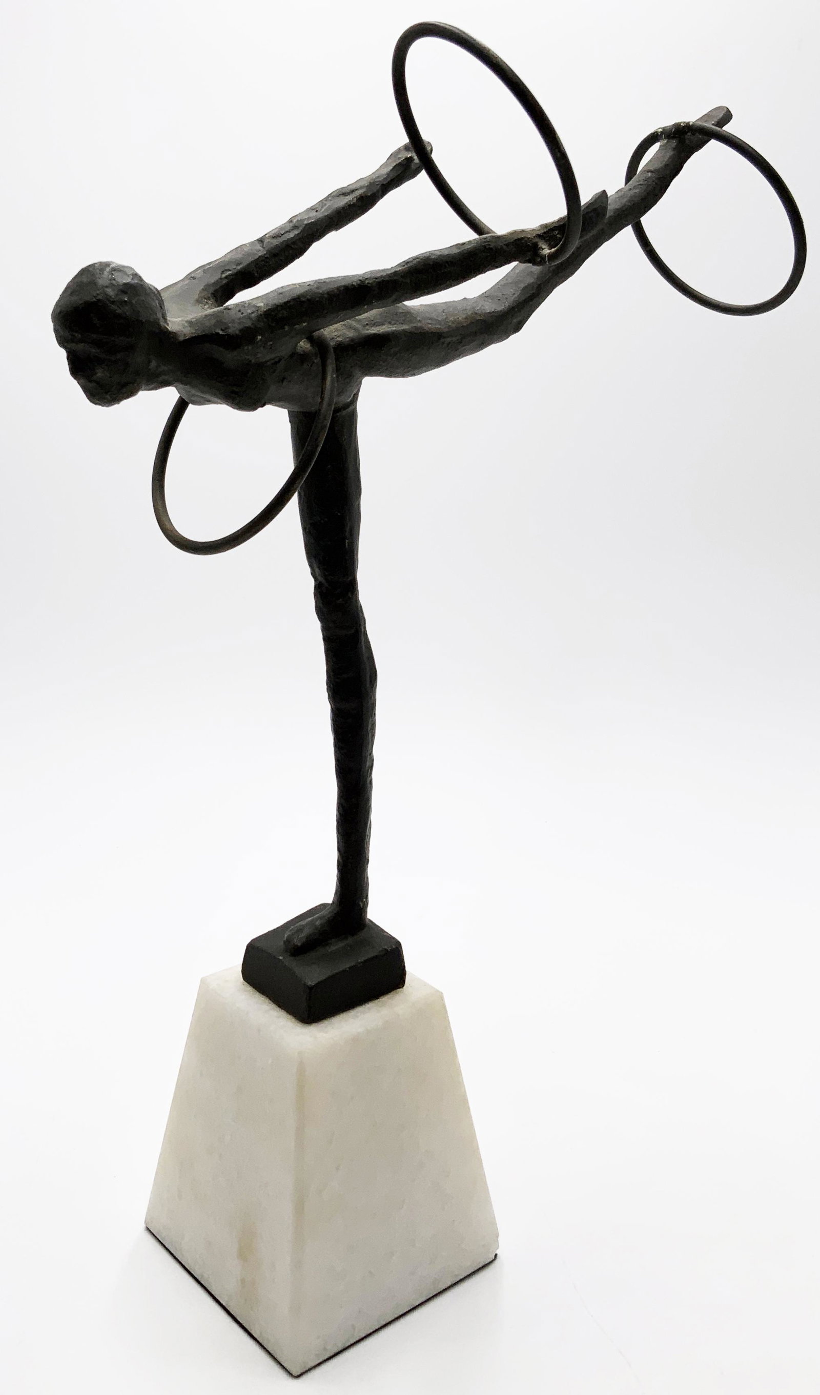 Art Deco Lady Bronze with Hoops on Marble Base.: A White Marble Base (Chipped on One Corner Near the Base). Measures 16" Tall. Third-Party Shipping Required.