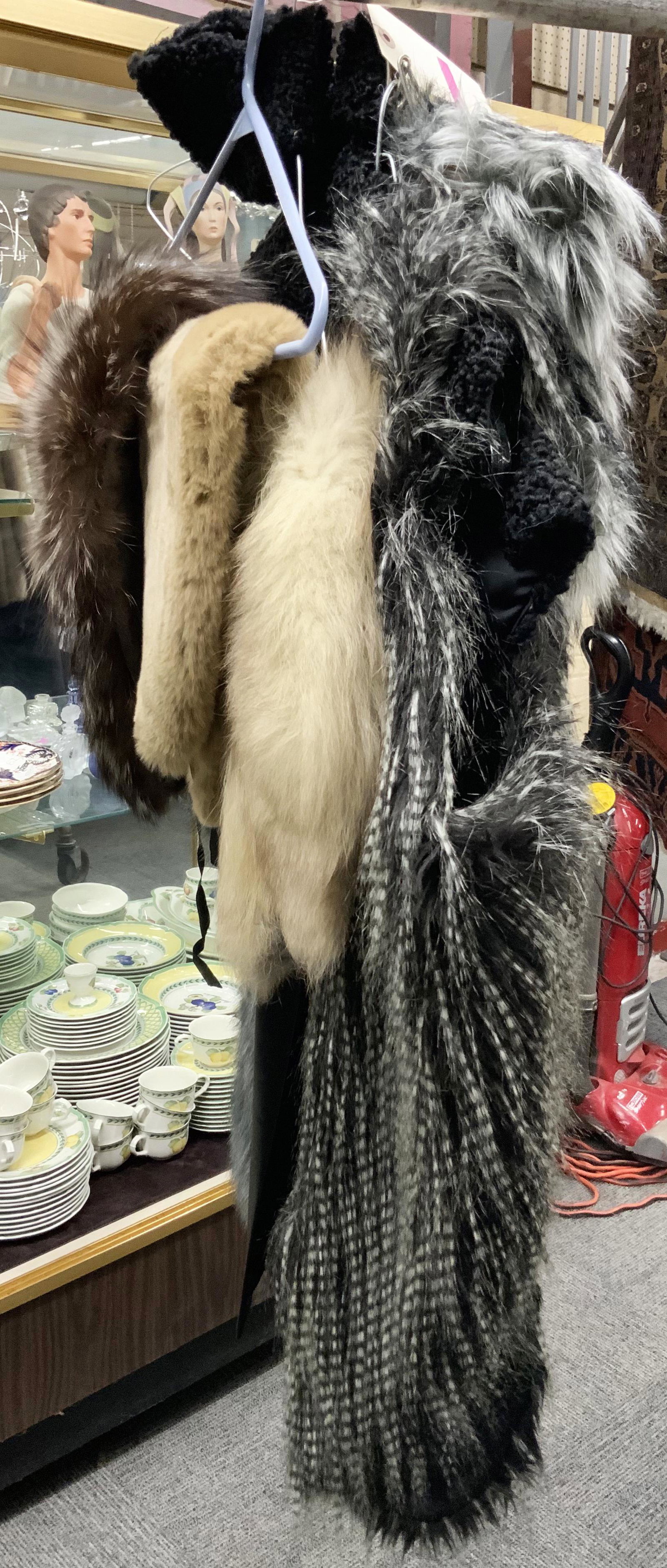 Lot: 4 Fur Pieces and 1 Faux Fur Piece.: A Grey Fur Muff?, Two Fur Collars (Brown & Light Brown), a Faux Fur Collar (Beige), and a Persian Lamb with Long Fur Vest.