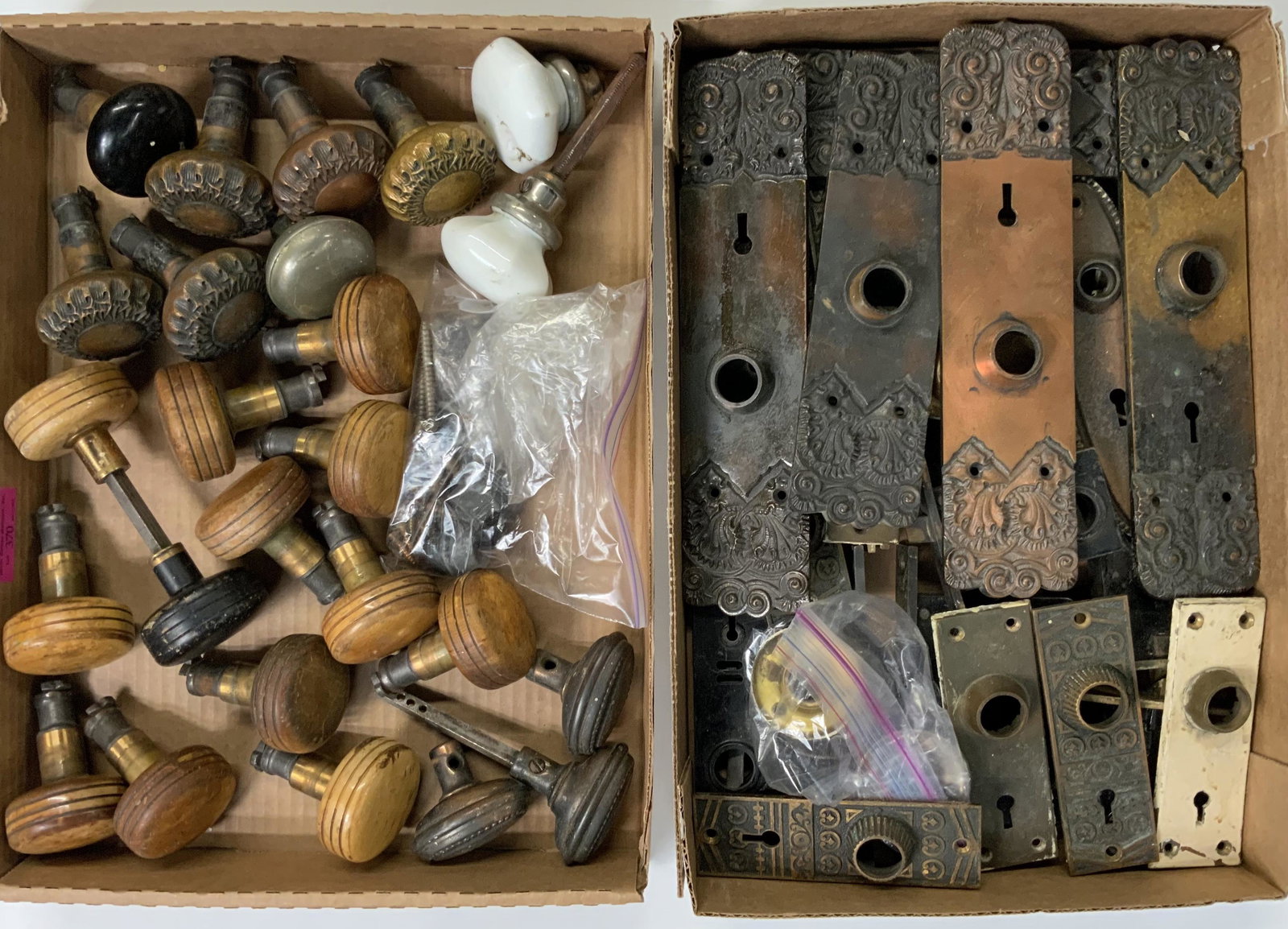 Lot: 2 Boxes of Antique Door Hardware.: Knob Sets, Door Plates, etc. Third-Party Shipping Required.