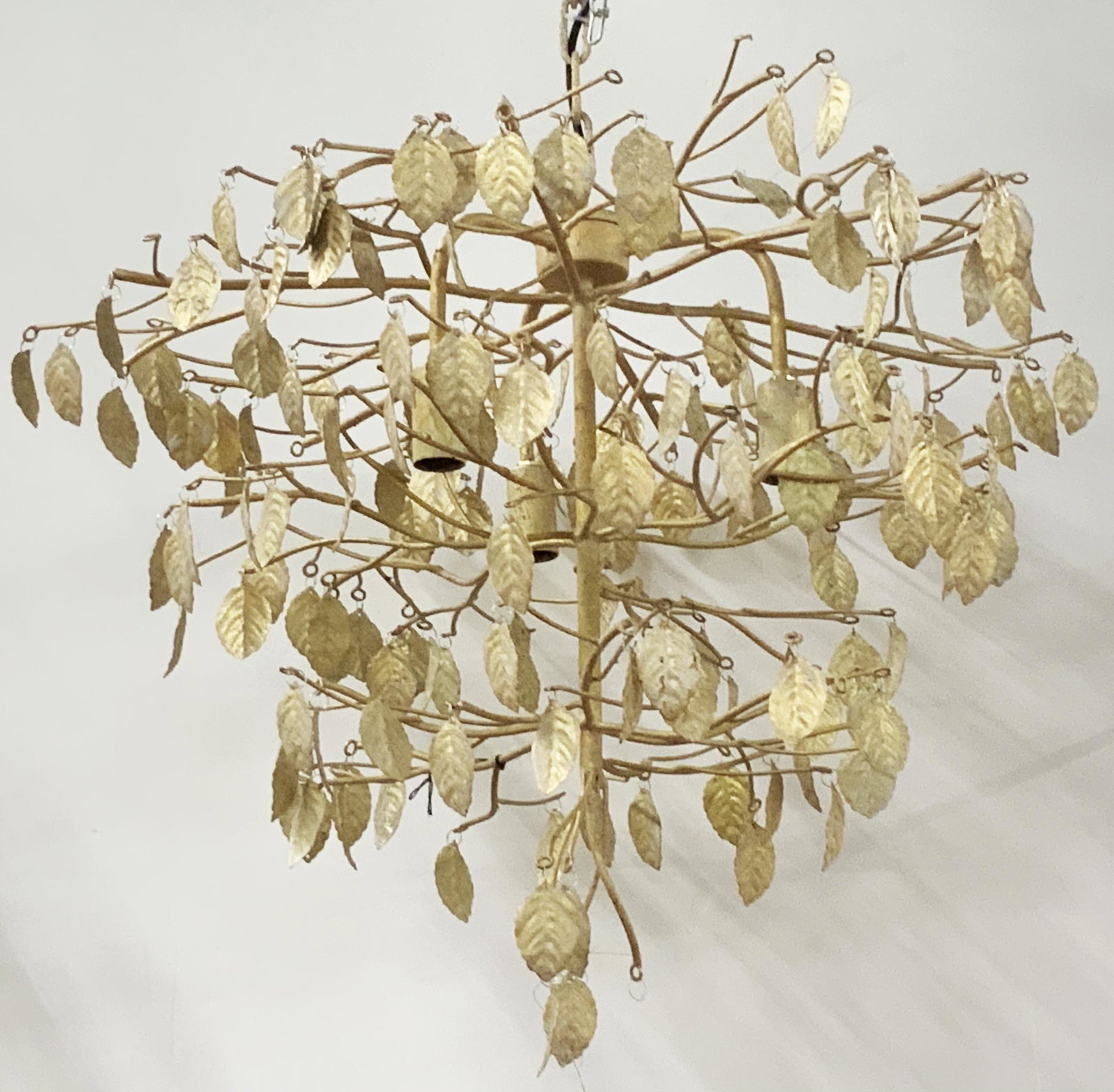 Gold / Beige Painted Leaf / Branches Light Fixture: Measures 21" Long and 25" in Diameter (Approximate). Third-Party Shipping Required.
