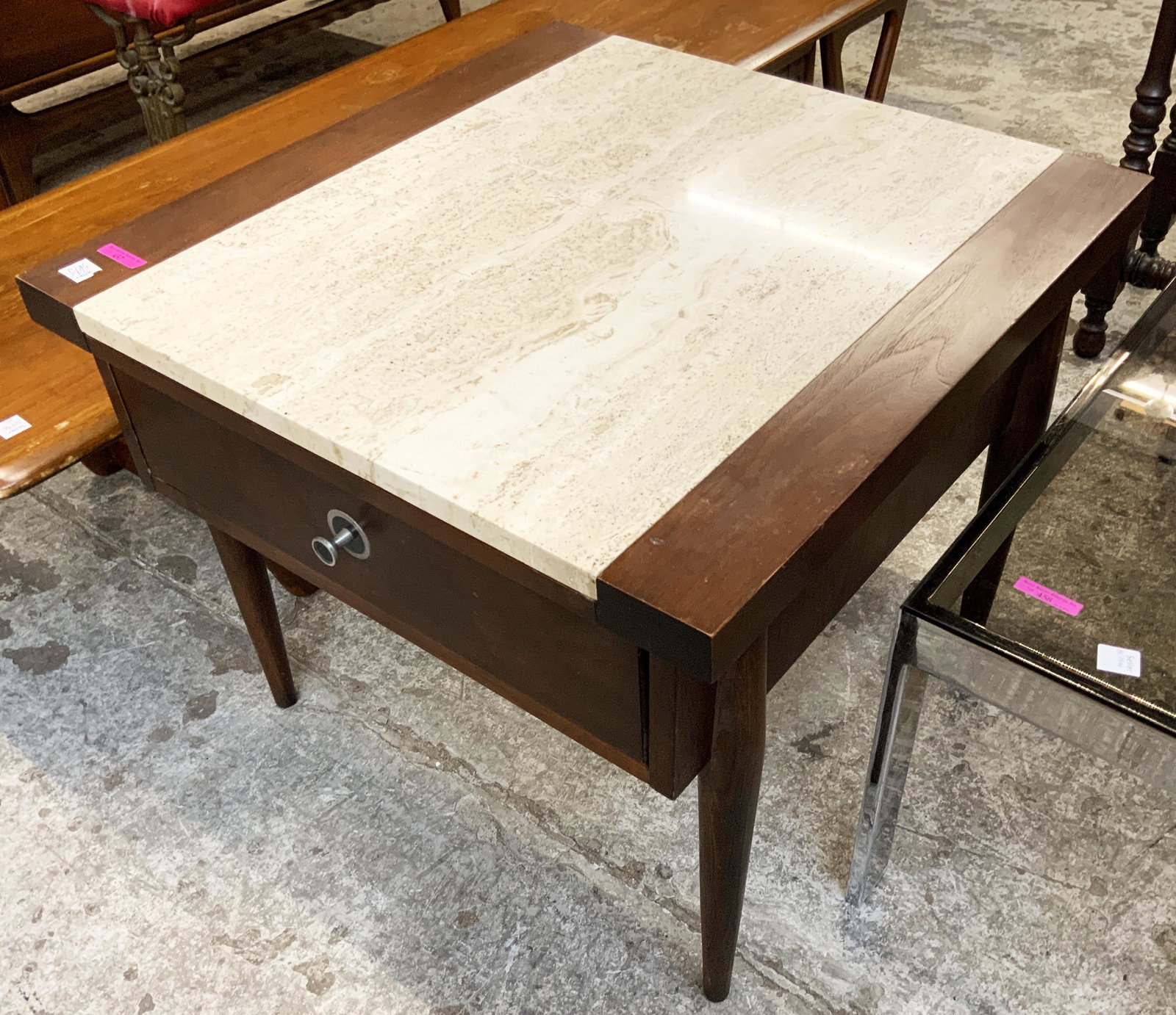 Mid-Century End Table with Travertine & Wood Top.: Measures 20 1/2" Tall, 24" Wide, and 24" Deep. Has some Wear. Third-Party Freight Shipping or Personal Pickup Required.