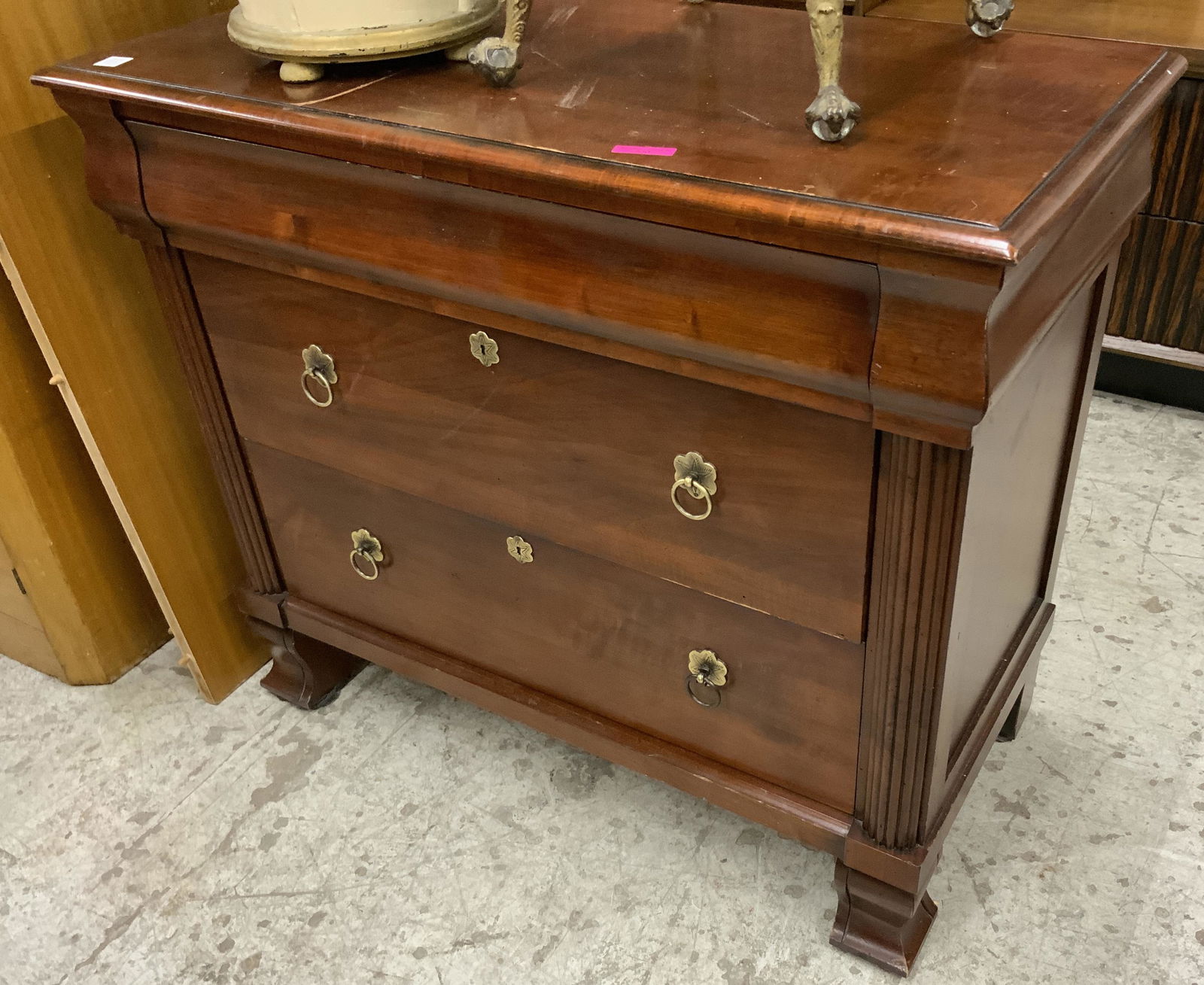 Ethan Allen 3-Drawer Dark Wood Chest.: Has a Very Deep Scratch on the Top. Third-Party Freight Shipping or Personal Pickup Required.