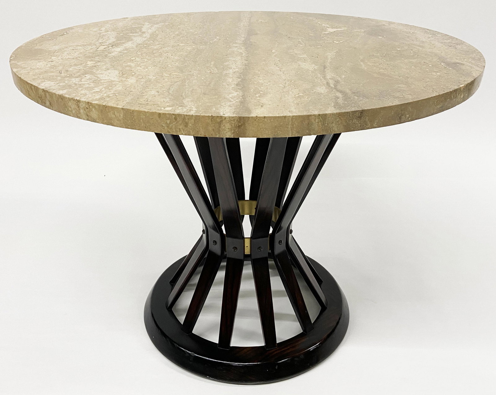 Sgd. Dunbar Travertine-Top Rosewood Table.: Signed With a Metal Tag and a Paper Underneath. Table Measures 20 1/4" Tall. The Top Measures 27" in Diameter. Table top has a Small Chip (1/4" x 3/8") on the Edge on the Top, and a Similar Chip or Im