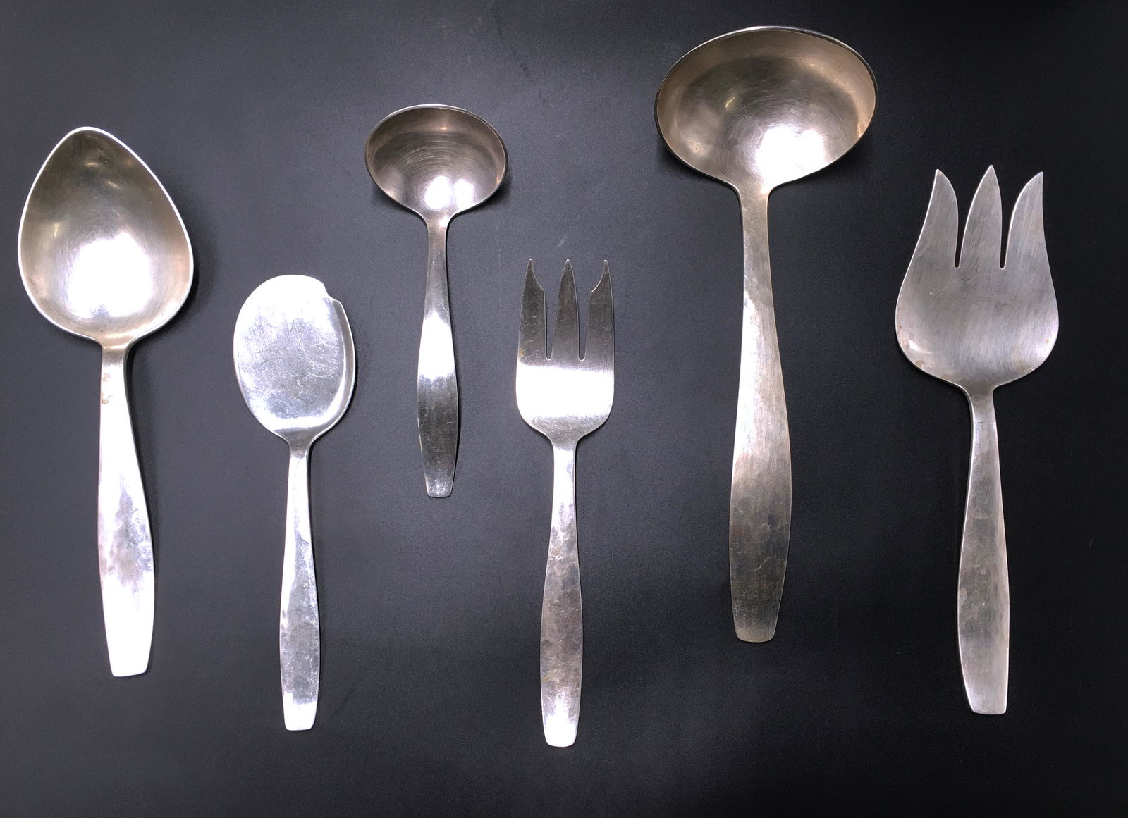 Allan Adler Starlit Sterling Silverware Set.: Total Number of Pieces is 53. A Beautiful Mid-Century Hand-Hammered Set. Service for 9 (9 Dinner Forks, 9 Salad Forks, 9 Teaspoons, 9 Soup Spoons, 9 Dinner Knives), with One Demitasse Spoon, One Butte