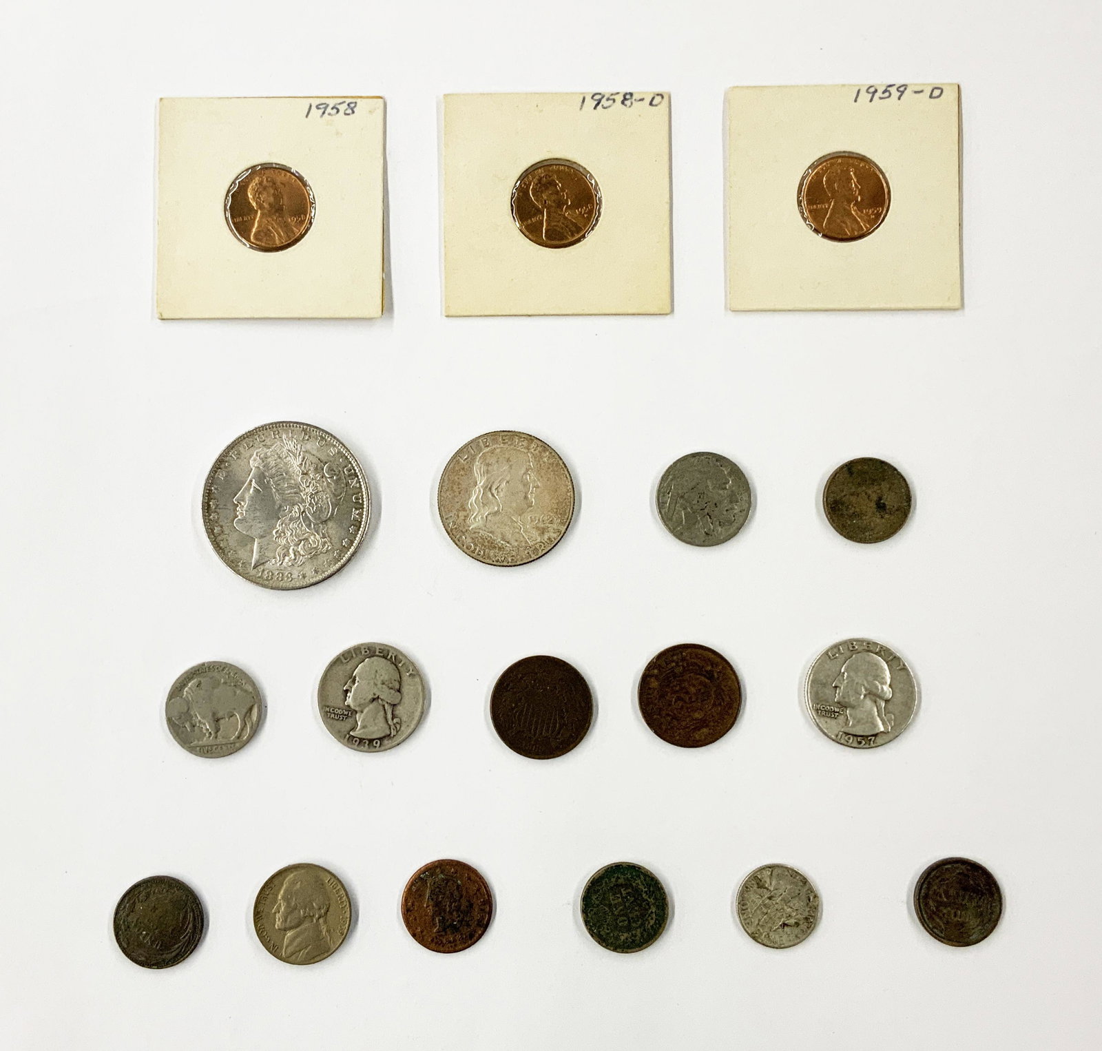 Lot of Assorted U.S. Coins & Civil War Tokens.: Includes: 1883-O Morgan Silver Dollar, Two Silver Washington Quarters, Silver Roosevelt Dime, Silver Franklin Half, 1864 & 1869 2 Cent Pieces (Both Worn, one Marred), 1857 Flying Eagle Cent (Barely Re