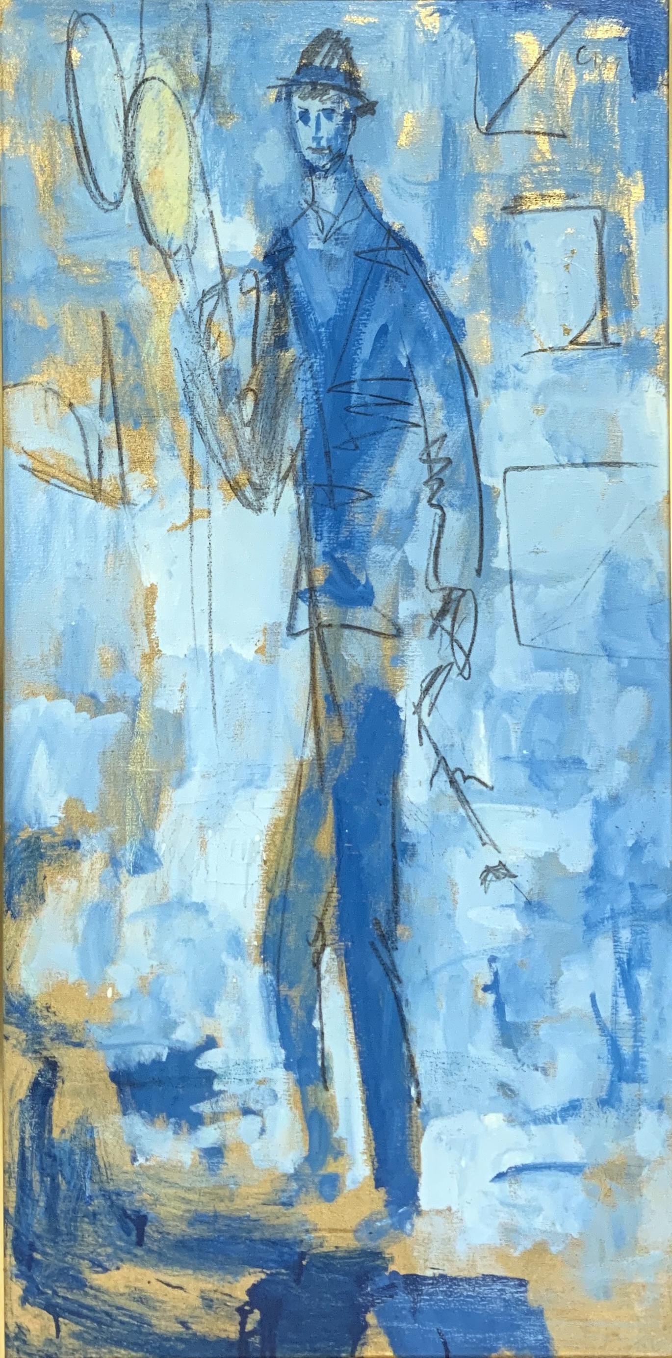 Pascal Cucaro Large Painting of Man w/Balloons.: Painting on Canvas. Has some Crackling and Minor Paint Loss. Signed Upper Right. Has Artist's Stamp en Verso. Measures 48" x 24". Third-Party Shipping Required.