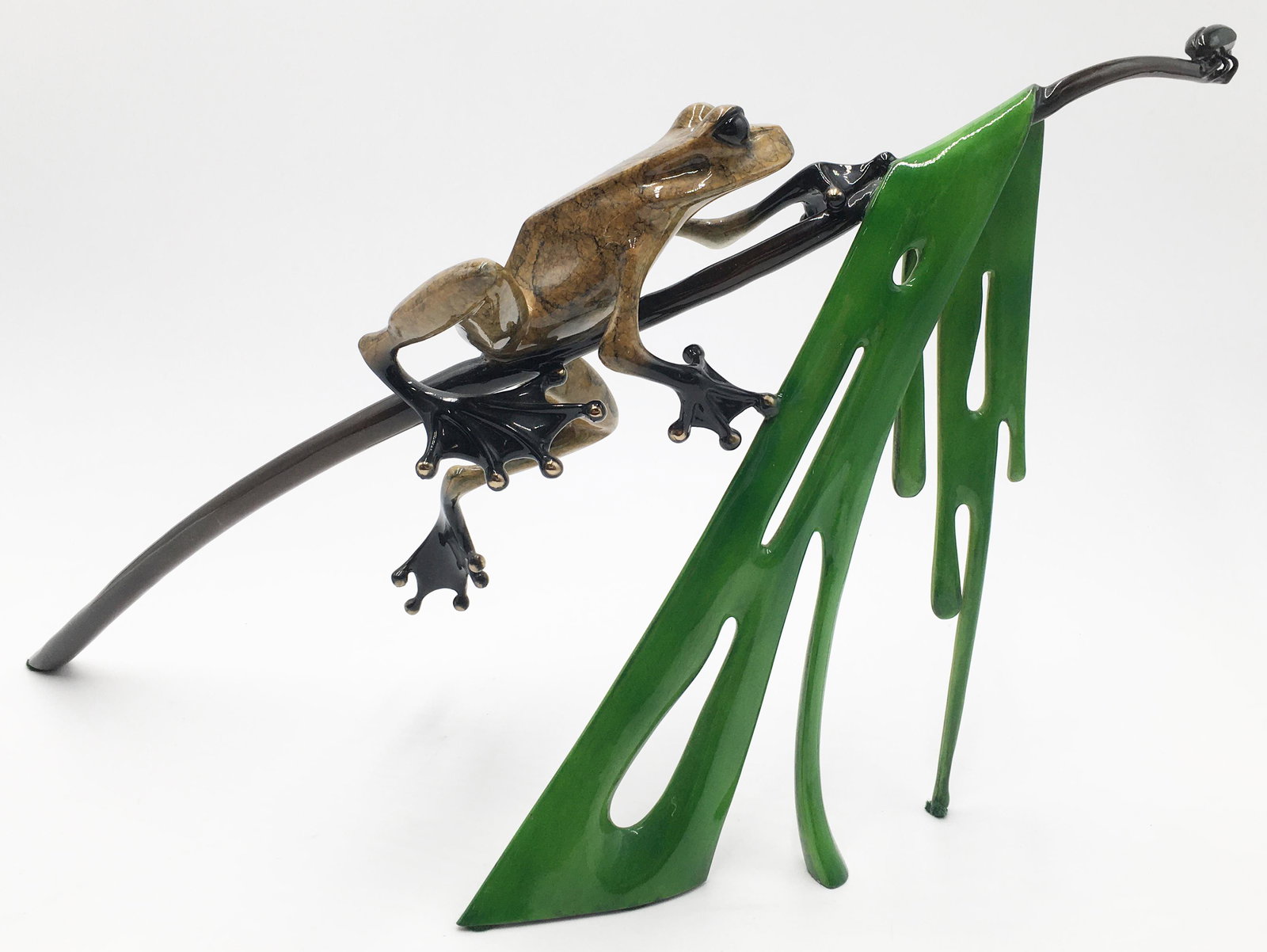 Tim Cotterill Sgd. Bronze of Frog with Branch.: The Bug on the end of the Branch has some Paint Wear. There is also some Enamel / Paint Missing Near the Stem of the Branch. Measures 20" Wide and 10" Tall. Signed Underneath, and Dated 2001.