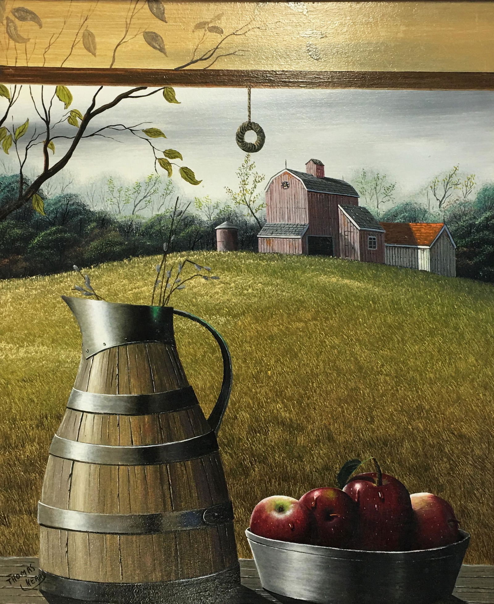 Thomas Kerry 20th Century Still Life Painting.: A Still Life with Apples and a Pitcher in a Landscape. Oil on Board. Signed Lower Left. Measures 24" x 20". Third-Party Shipping Required.