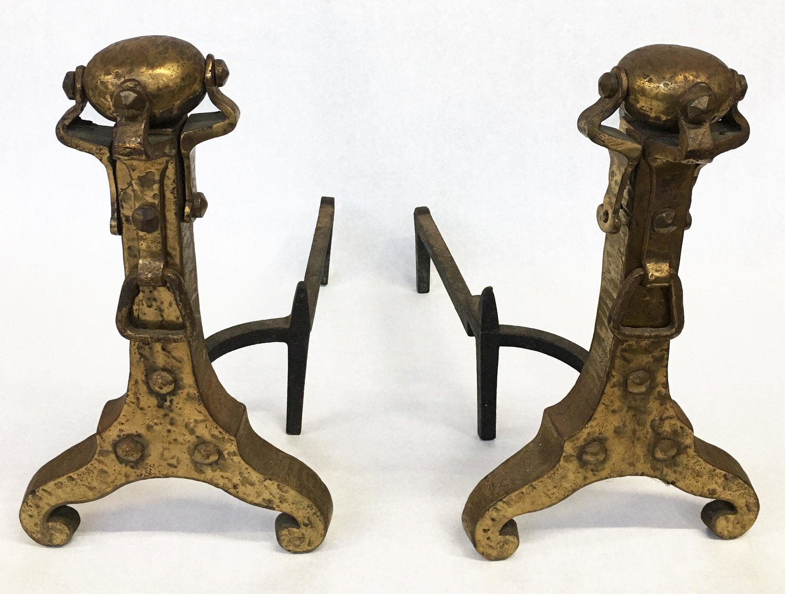 Pair of Mission Arts & Crafts Iron Andirons.: With a Bronze-Color Finish. These Measure 18" Tall. Third-Party Shipping Required.