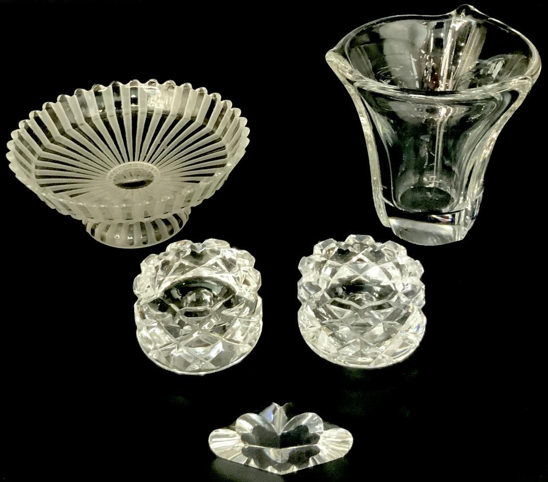 Lot: 5 Pcs. Crystal / Glassware.: Includes: A Pair of Orrefors Crystal Candleholders, a Signed Daum France Vase (7 1/4" Tall), a P.W. Yenawine Crystal Decoration (Chipped), and a rather Ordinary-Looking Compote signed Baccarat. Third-