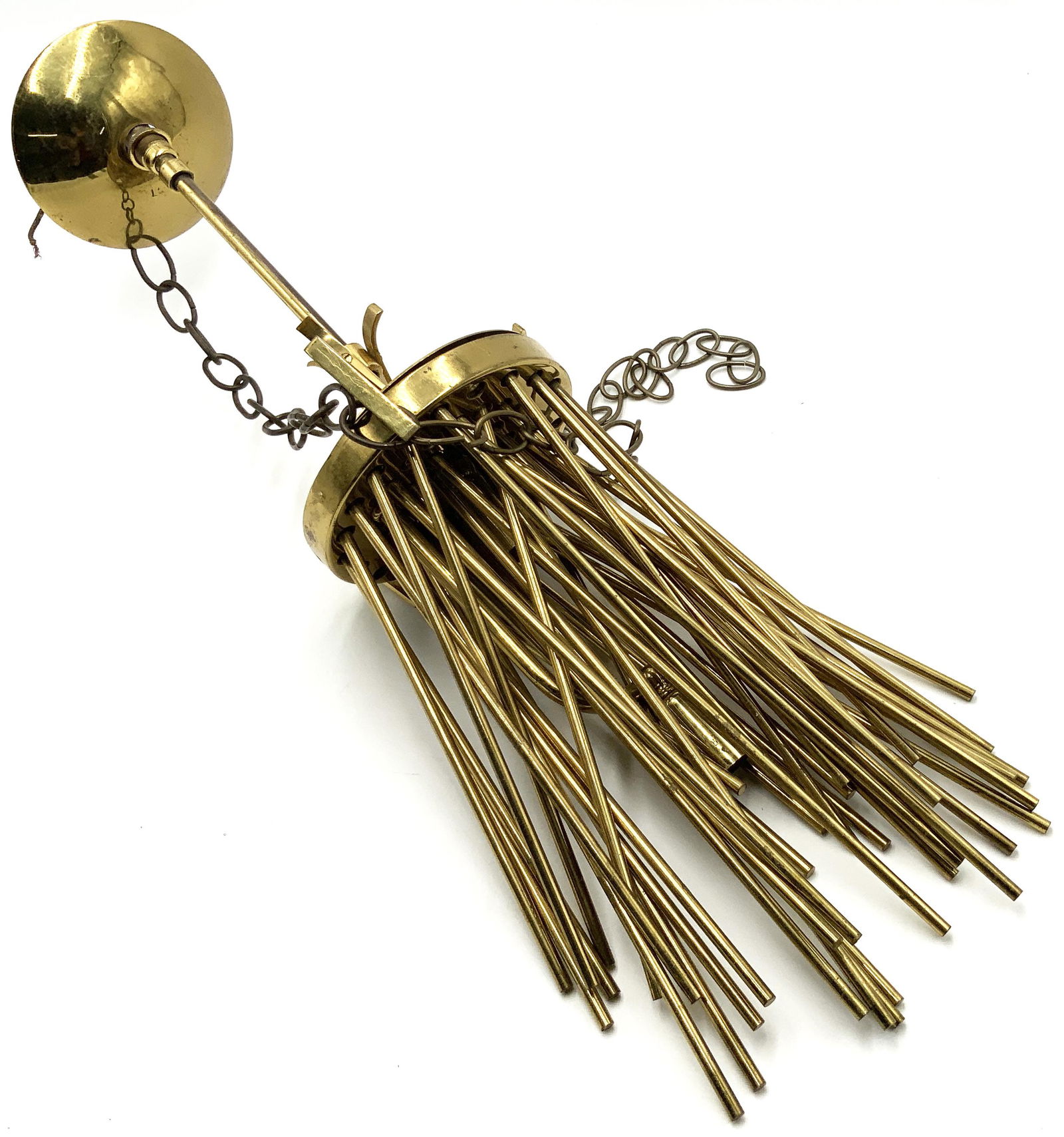 Mid-Century Brass Hanging Light Fixture.: With a Single Light in the Center and Solid Brass Rods. Fixture Measures Appx. 26" Long.