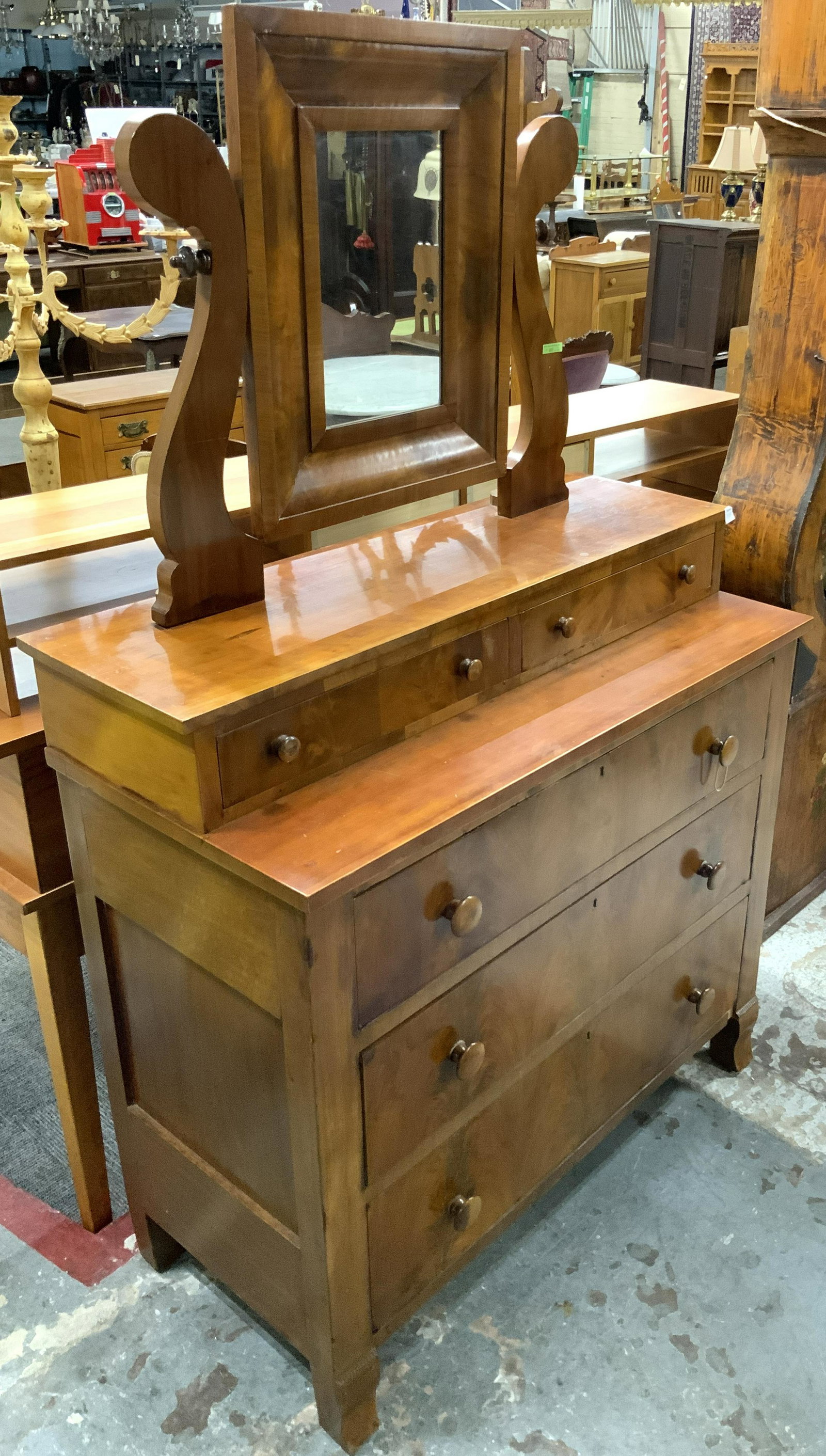 Antique Cherry Wood Dresser with Swing Mirror.: Measures 40" Wide and 65" Tall. Third-Party Freight Shipping or Personal Pickup Required.