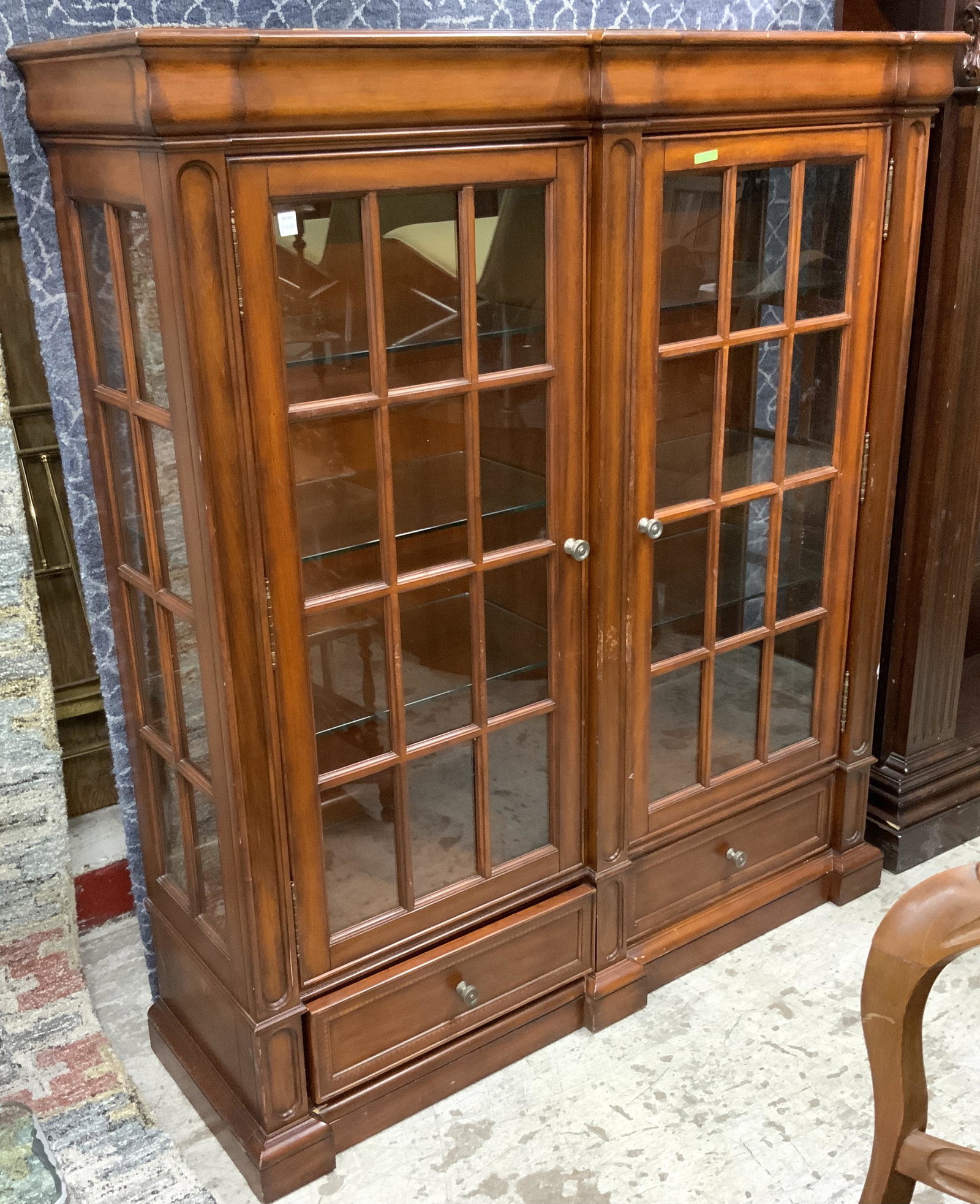 2-Door Wood & Glass China Cabinet.: Measures 65" Tall by 52" Wide. Third-Party Freight Shipping or Personal Pickup Required.