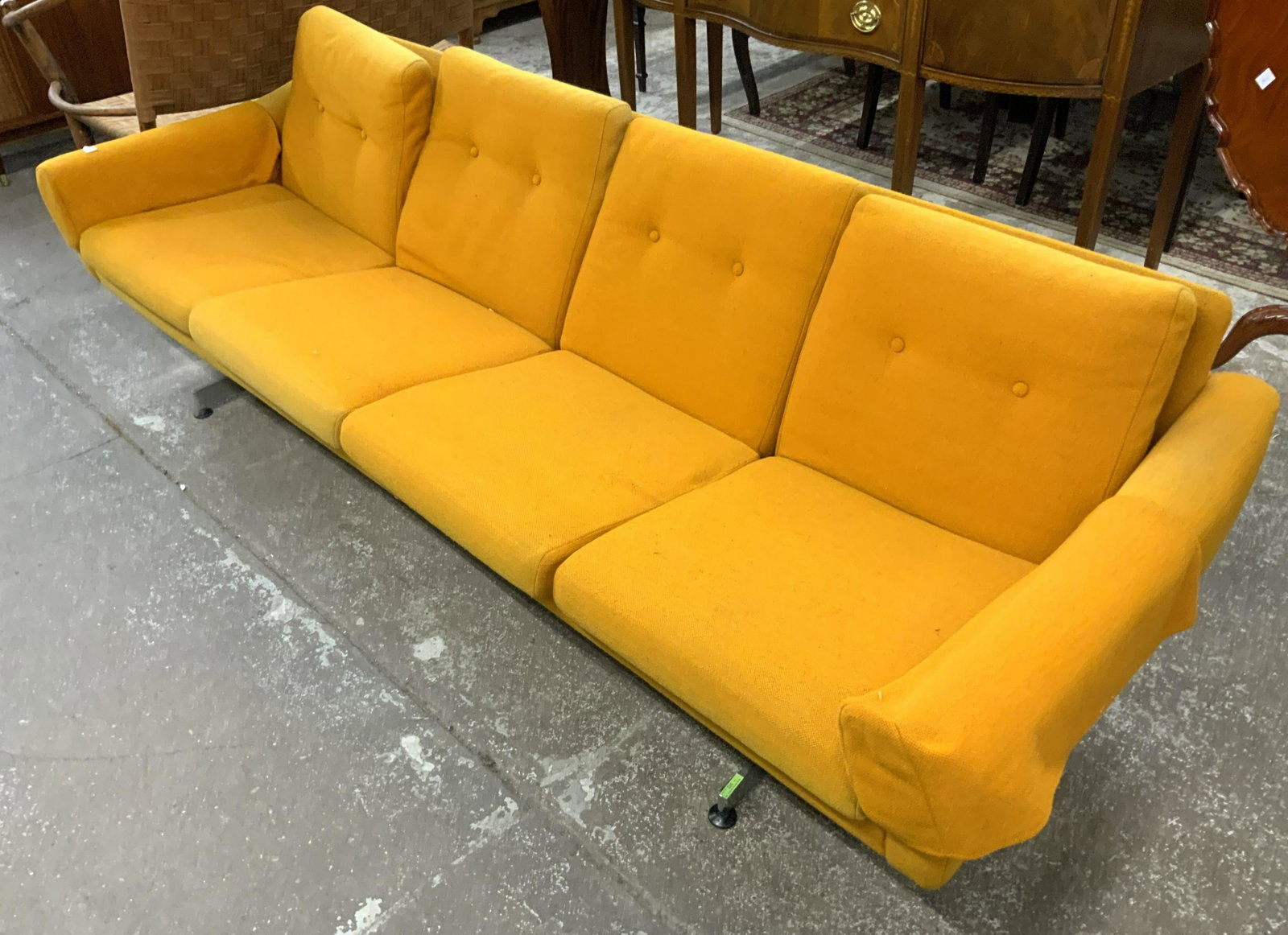Canadian Mid-Century Modern Sofa.: With Orange Upholstery. Measures Approximately 96" Wide. Third-Party Freight Shipping or Personal Pickup Required.