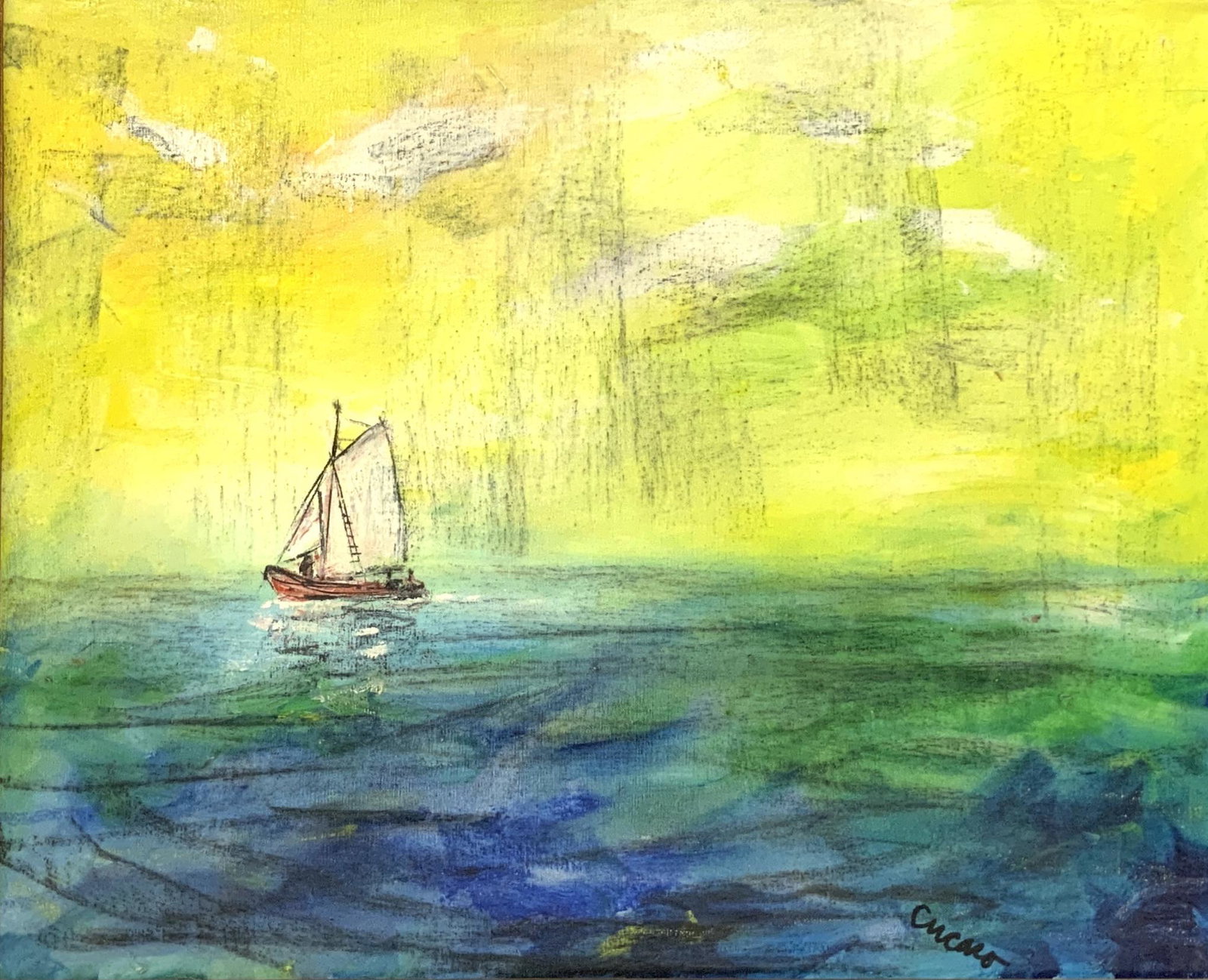 Pascal Cucaro Painting of Sailboat on Sea.: Painting on Canvas. Signed Lower Right, and Signed Pascal, Dated 1964 en Verso. Also, has a Cory Gallery / Cucaro Stamp en Verso. Measures 24" x 30". Third-Party Shipping Required.