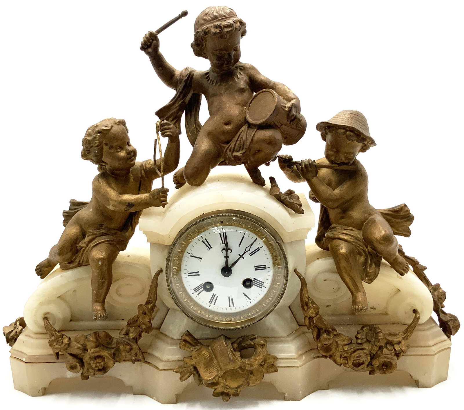 Antique Cherub Figural Alabaster Mantel Clock.: Measures 15" Tall and 19" Wide. Working Condition is not Known. Third-Party Shipping Required.