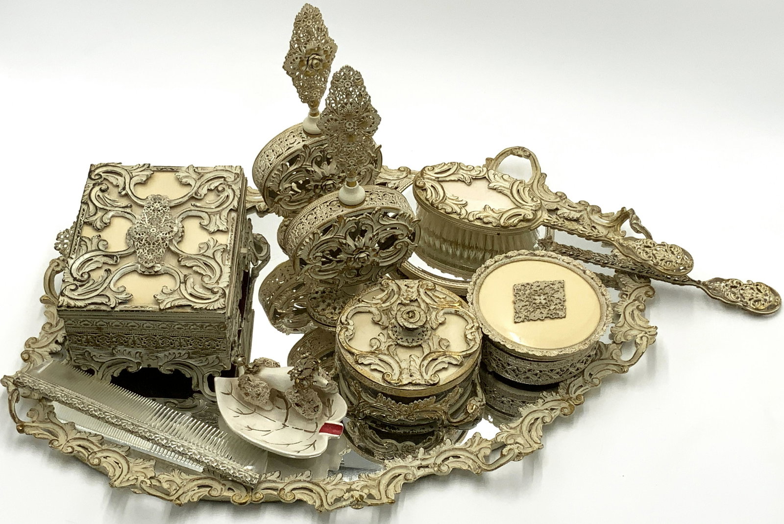 9 Pc. Antique Dresser Set.: Consists of a Mirrored Tray, Brush, Boxes, etc. Third-Party Shipping Required.