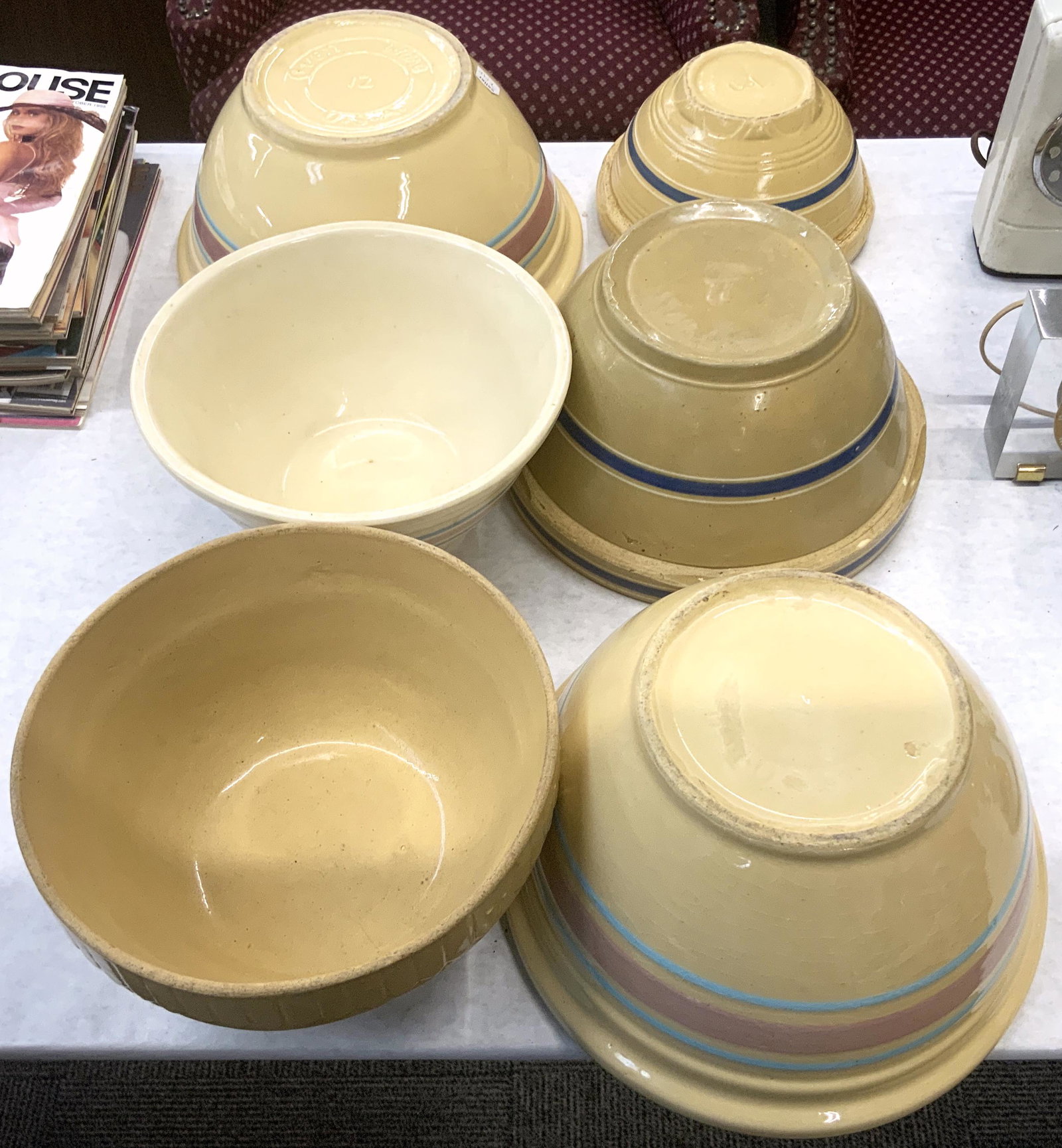 Lot of 6 Vintage Pottery Yelloware Mixing Bowls.: Mostly Yellow Ware. The Largest Bowl Measures 12" in Diameter and 6 1/2" Tall. Third-Party Shipping Required.