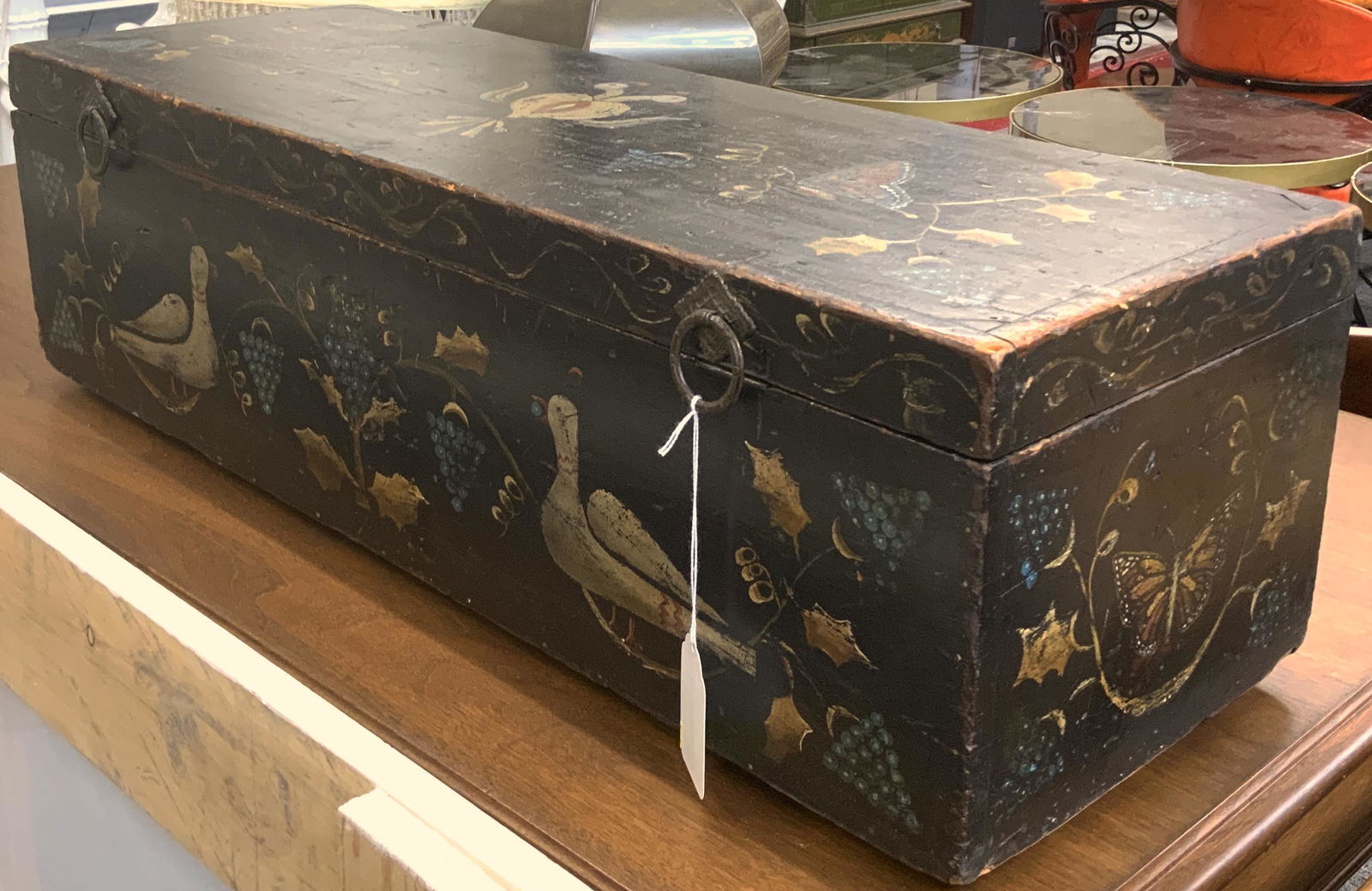 Antique Painted Pennsylvania Pine Wood Chest.: Measures 32 1/2" Wide, 10" Tall, and 11 1/2" Deep. Third-Party Shipping Required.