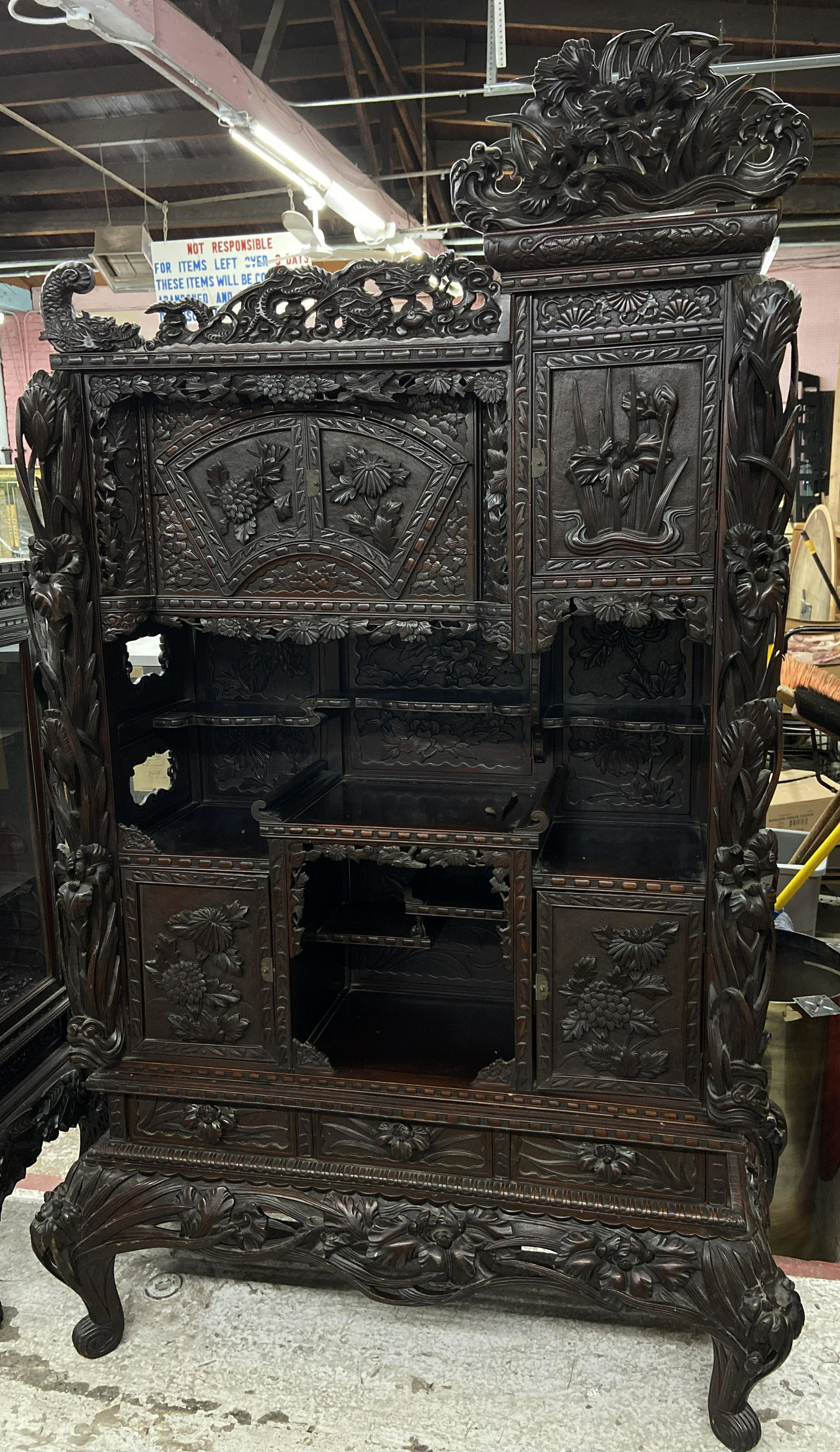 Old, Ornately Carved Asian Tall Etagere / Cabinet.: 19th Century Japanese Art Nouveau. With Floral and Dragon Carvings. Measures Appx. 91" Tall by 50" Wide.