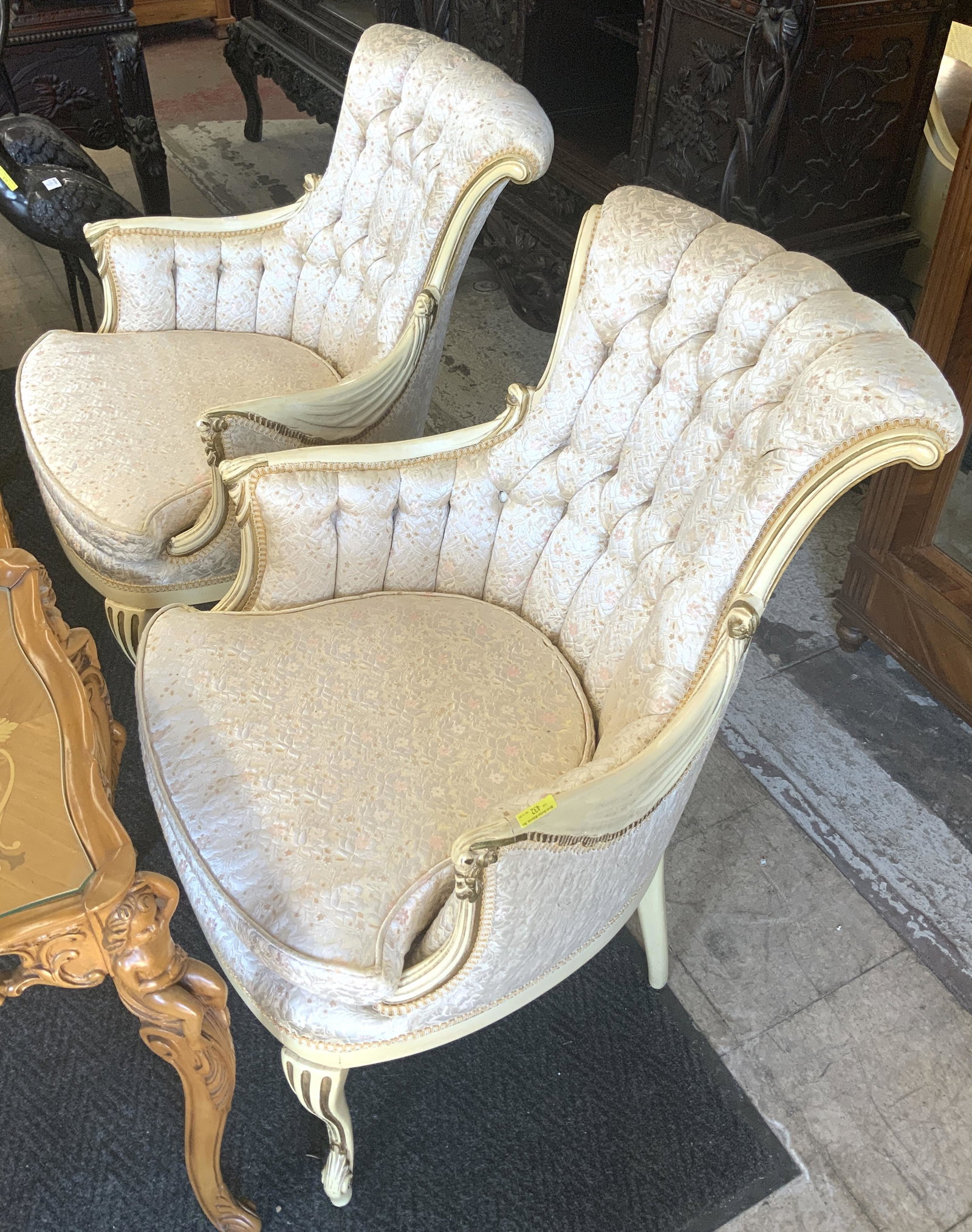 Pair of French Provincial Upholstered Armchairs.: These Measure 37" Tall and 26" Wide. Third-Party Freight Shipping or Personal Pickup Required.