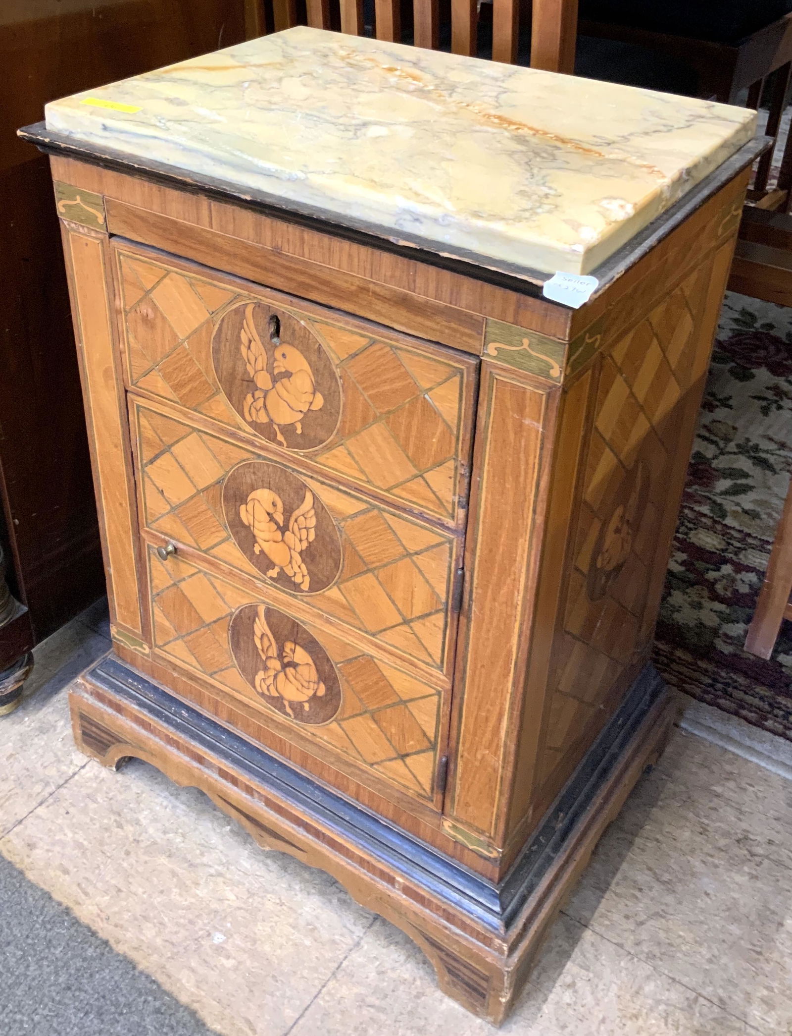 Antique Inlaid Small Marble-Top Stand / Cabinet.: Does Not have a Key. Measures 24 1/2" Tall, 16 1/2" Wide, and 12" Deep. Inlaid on the Sides as Well as the Front. It is a bit Rough, but it is Old. Third-Party Freight Shipping or Personal Pickup Requ