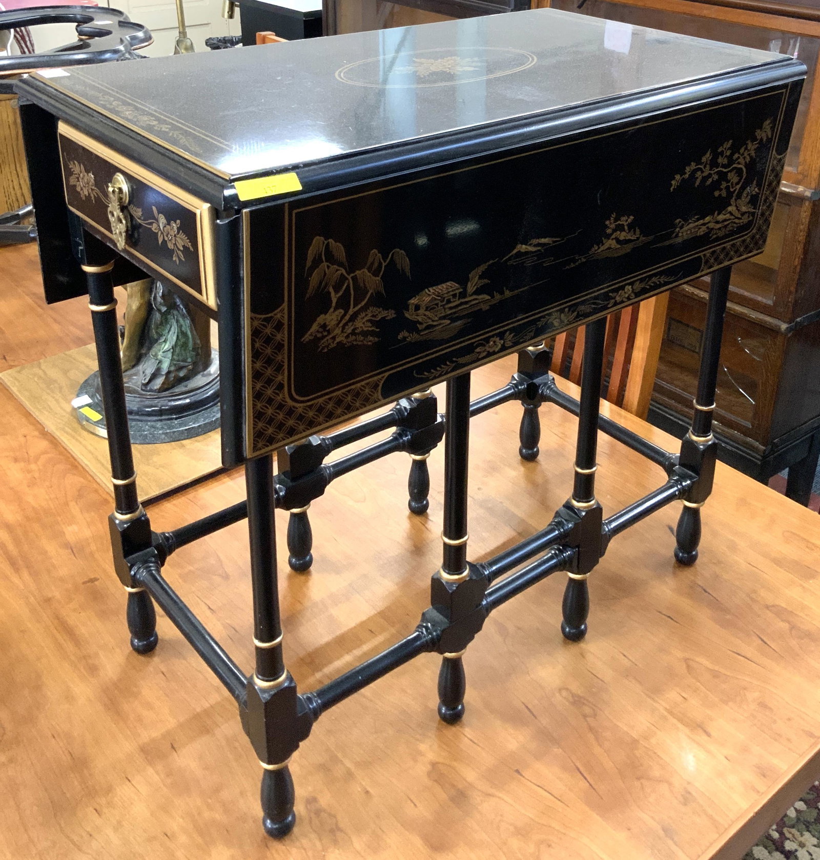 Drexel Black & Gold Asian-Style Small Table.: With Dropleaf Sides. Measures 25" Tall, 26" Long, and 15" Wide when the Leaves are Down. Third-Party Shipping or Personal Pickup Required.