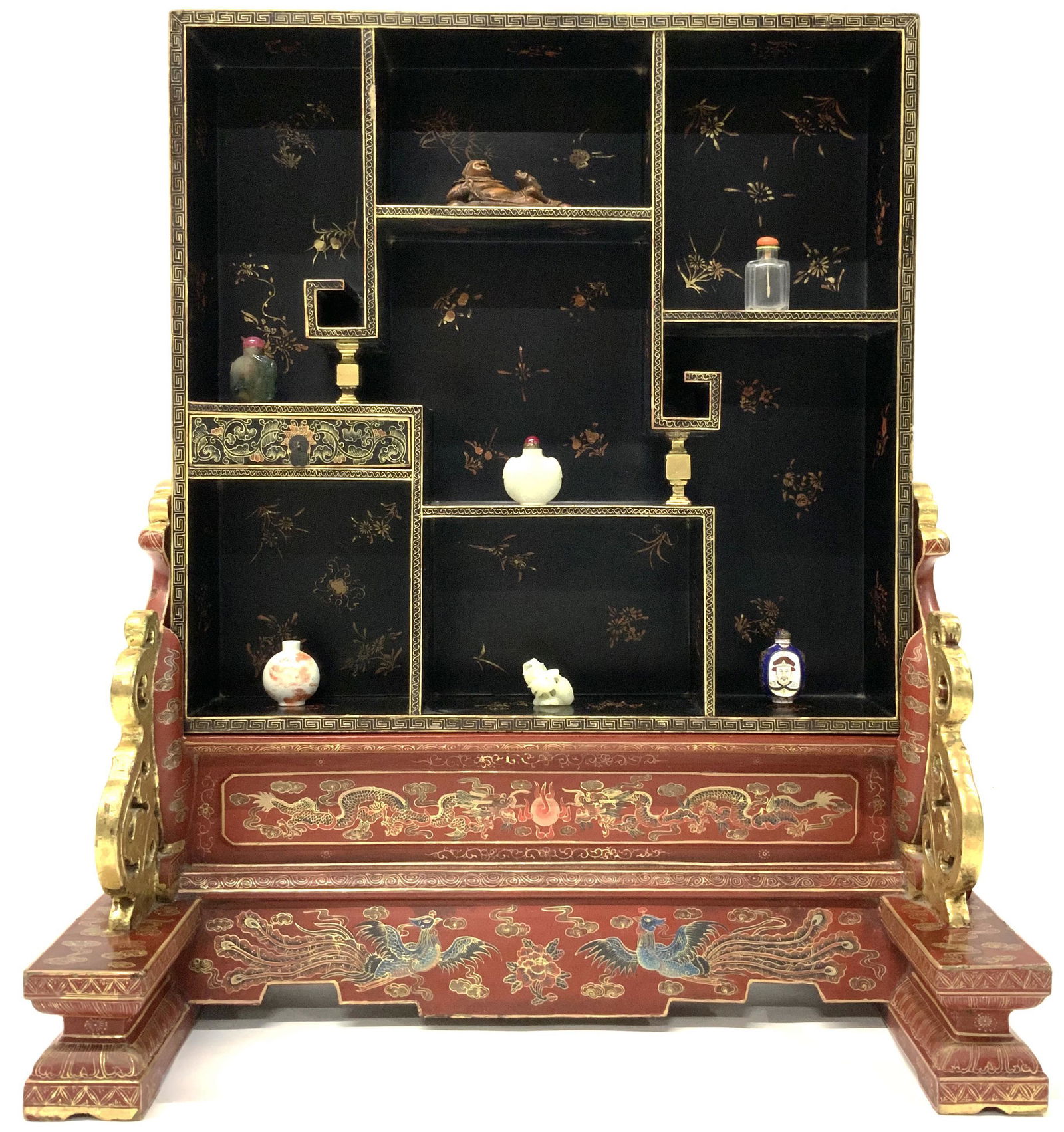 Very Rare Antique Chinese Collection.: Please see all 35 Photos on our Website, www.directauction.com. Consists of a Very Rare Chinese Imperial Black and Red Lacquer Curio Cabinet with Golden Dragons, Phoenixes, Bats and Clouds Pattern. Me