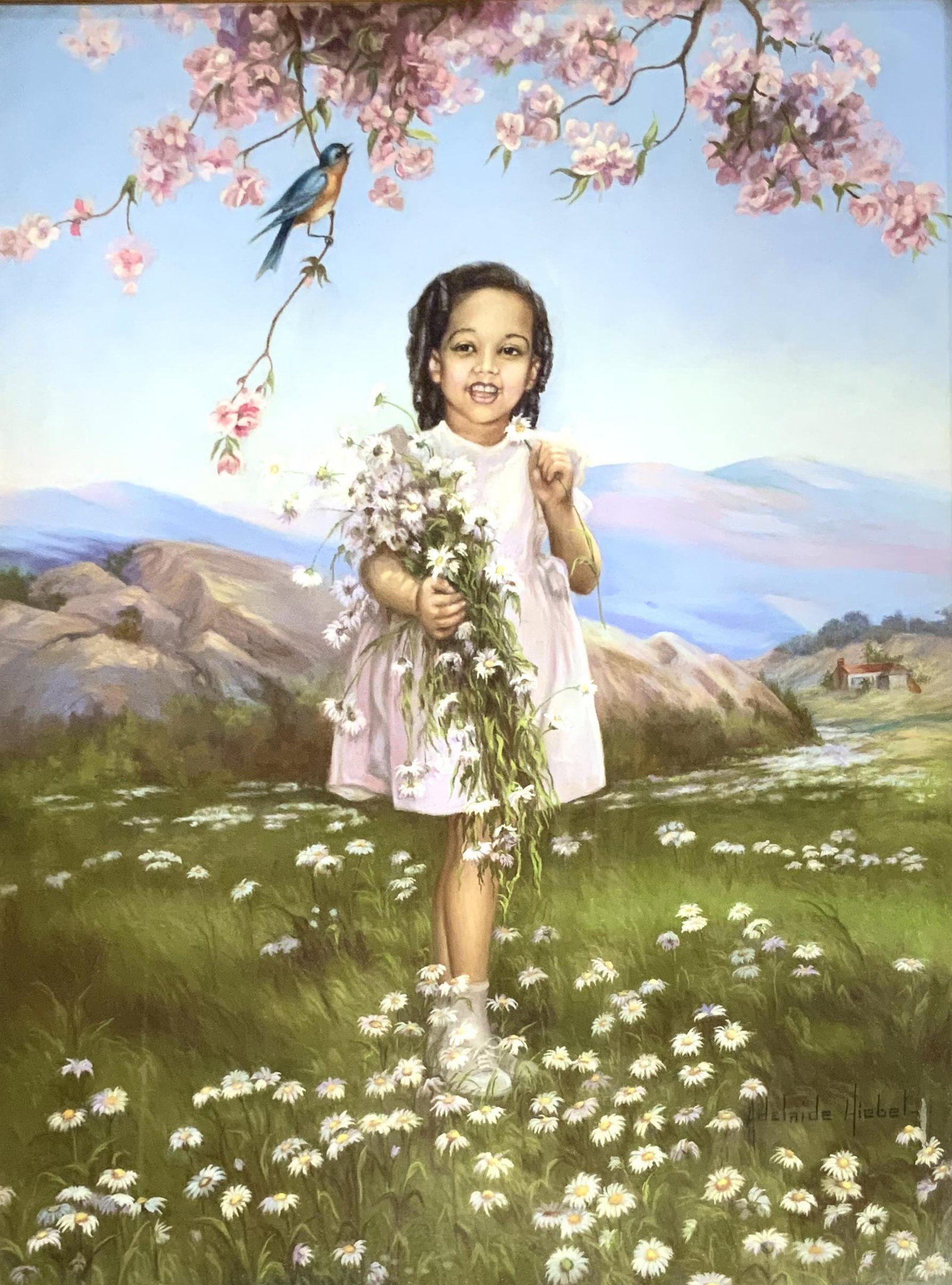 Pastel on Canvas of Young Girl by Adelaide Hiebel.: The Subject in this Scene is the Daughter of Robert Cole, the First Millionaire in the Bronzeville District of Chicago. The Young Lady's Name is Roberta Cole. The Medium of the Artwork is Pastel on Ca