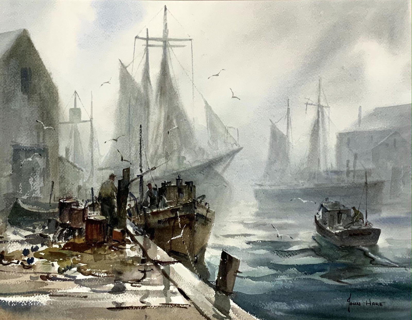John Cuthbert Hare Watercolor, Dock Scene.: Signed Lower Right. Measures 17" x 21 1/2". Third-Party Shipping Required.