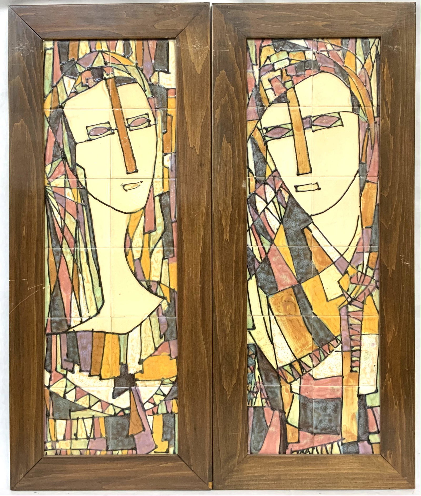 Lot of 2 Mid-Century Harris Strong Tile Plaques.: Each Plaque has a Chip in One of the Tiles - One Large, One Small. The Frames on Both of these have Scratches. Both are Signed with a Paper Label en Verso. Tile Area measures 35 1/2" x 11 3/8". Third-