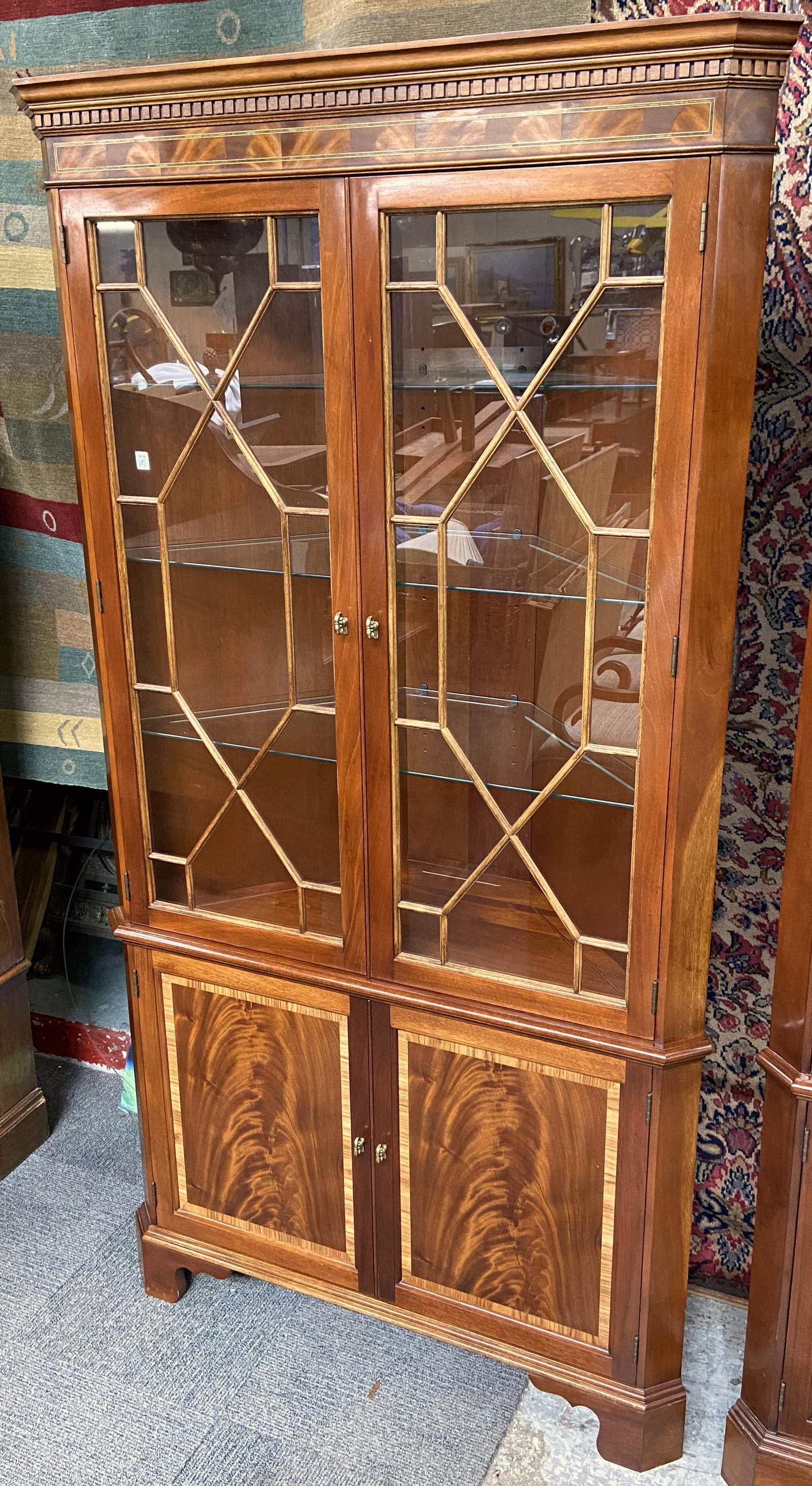 Fine Stickley Corner Cabinet with Inlay.: Measures 7' Tall and 42" Wide. Third-Party Freight Shipping or Personal Pickup Required.