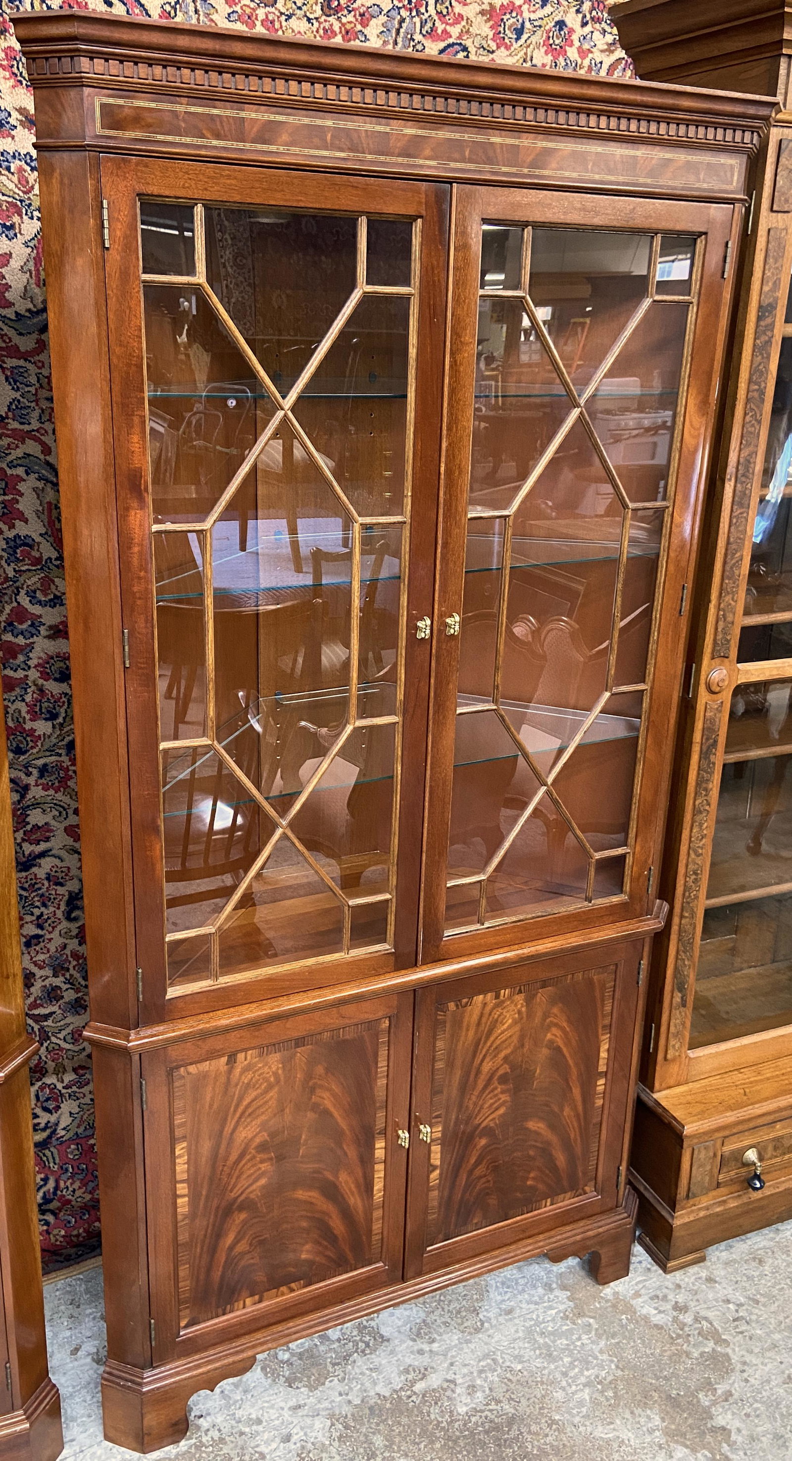 Fine Stickley Corner Cabinet with Inlay.: Measures 7' Tall and 42" Wide. Third-Party Freight Shipping or Personal Pickup Required.