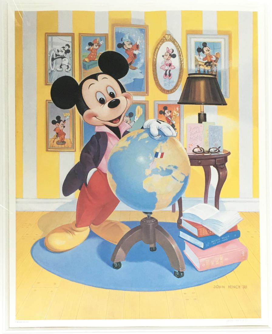 Large Framed print of Mickey Mouse.: Signed by John Hench, commemorating Mickey's 60th birthday. Slight warping at the top of the print. Mild scratches on frame. Frame measures 40 x 32.25 inches. Image size is 28.75 x 23 inches. Third-Pa