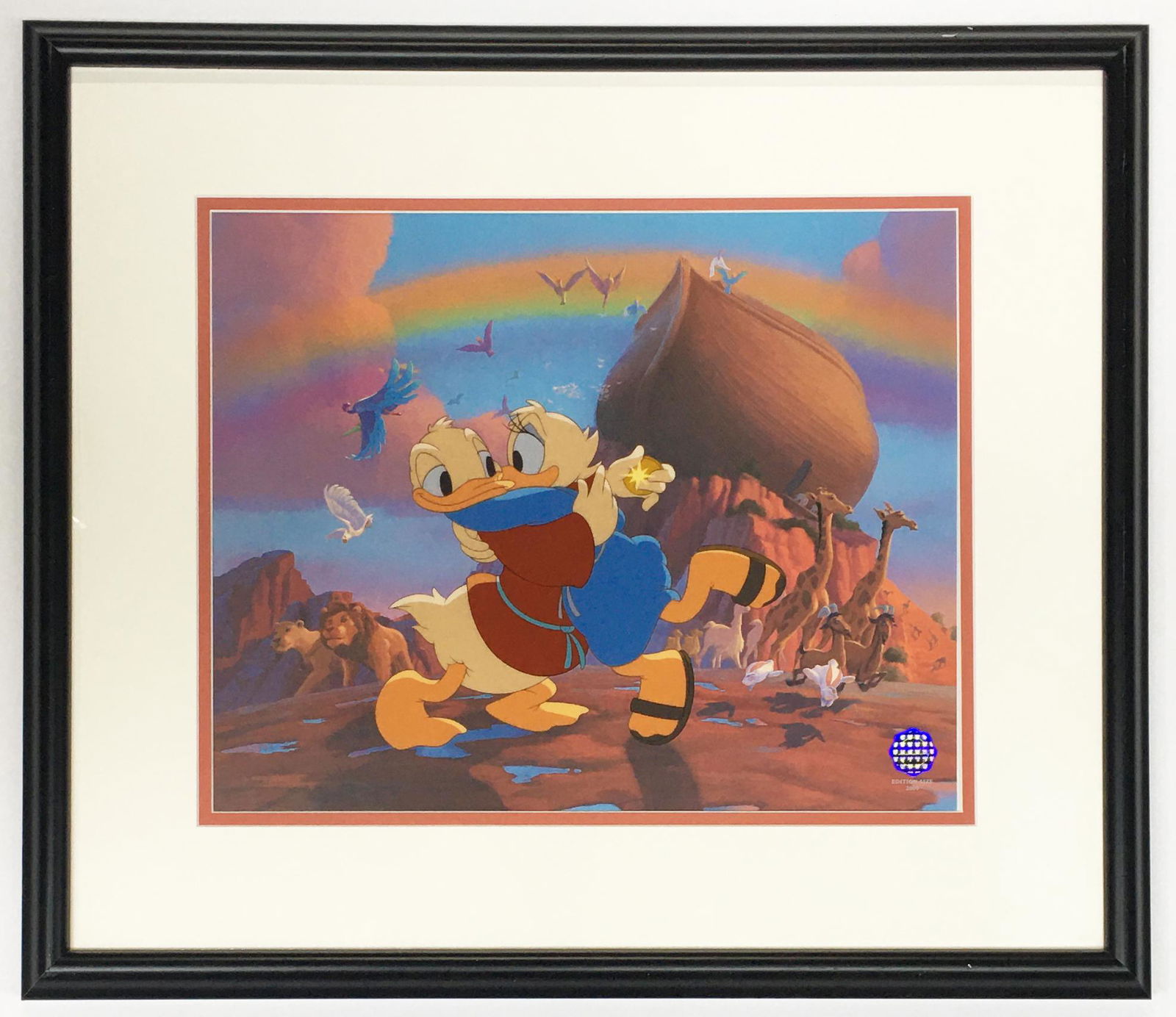 Disney Animation Art of Donald & Daisy Duck.: Limited edition, from the "Noah's Ark" featurette in "Fantasia 2000". Moderate scratches to frame. Frame measures 23 x 20 inches. Image size is 15 x 12 inches. Third-Party Shipping Required.
