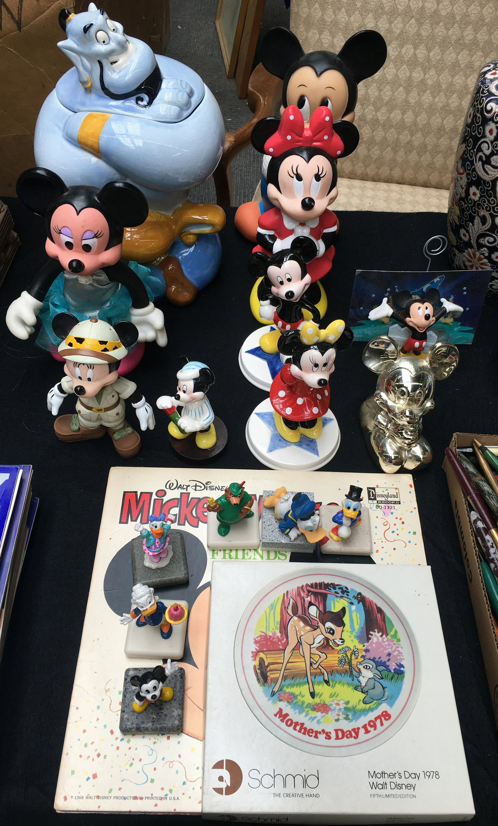 Lot of Asst. Disney Items.: Includes figurines, record, coin banks, plate, cookie jar. Third-Party Shipping Required.