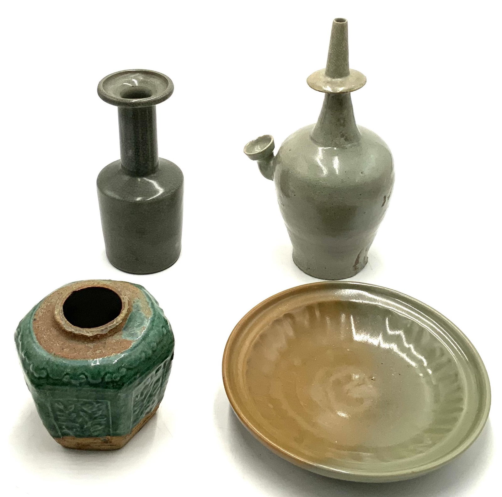 Lot of 4 Asian Pottery Pieces.: One of the Pieces is an Very Old Korean Jug - It has a Chip from Use. That Jug Measures 12" Tall. Also Included is a Plate (9 1/2" Diameter), A Crackled Vase (8 3/4" Tall), and a Jar without a Lid (5"