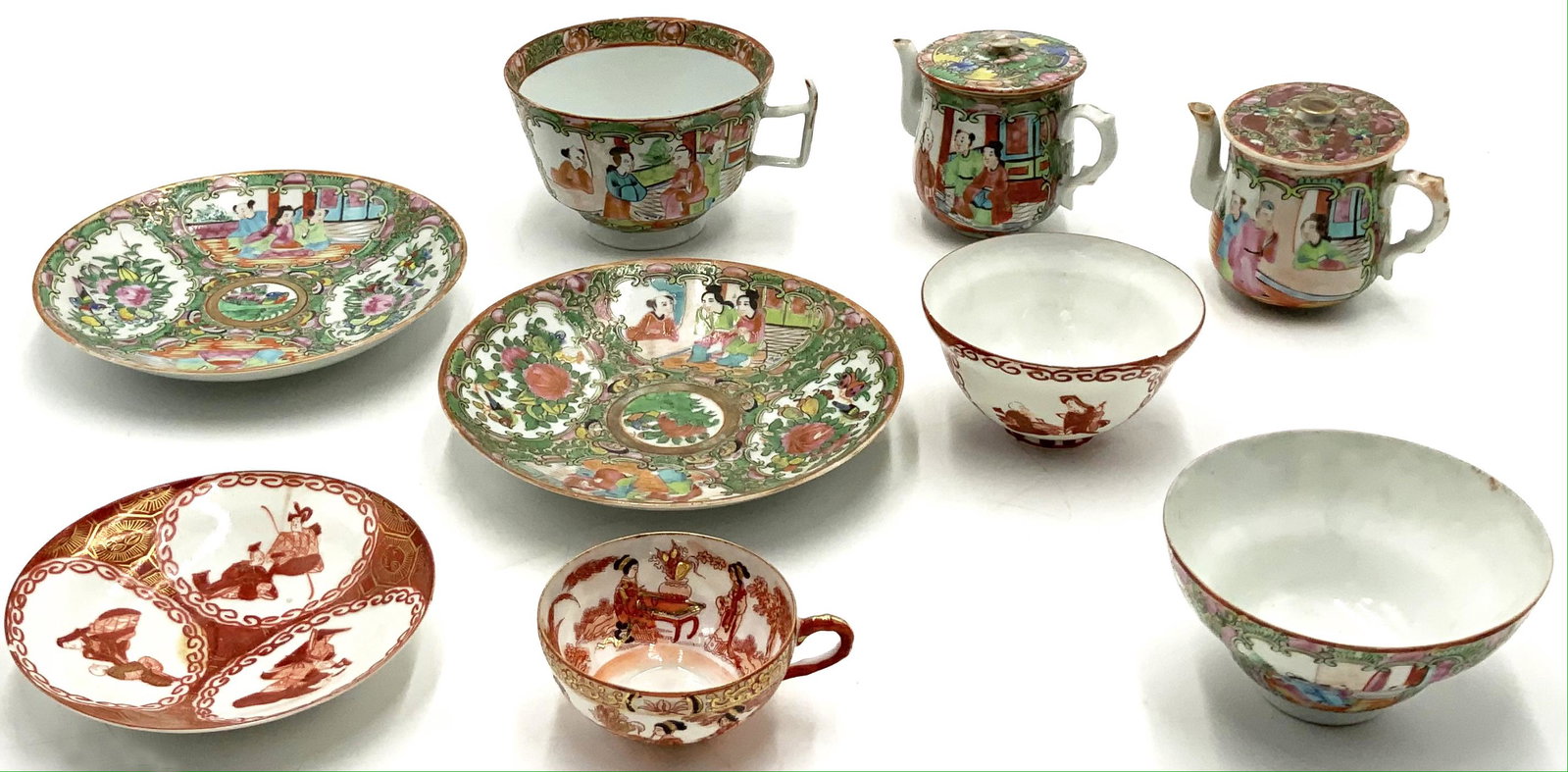 Lot of Famille Rose Chinese Porcelain, etc.: Also, A Japanese Tiny Cup, and a Japanese Cup and Underplate (Both Chipped). The Largest Underplate Measures 6 1/2" in Diameter. The Tiny Teapots Measure 3 1/4" Tall. Third-Party Shipping Required.