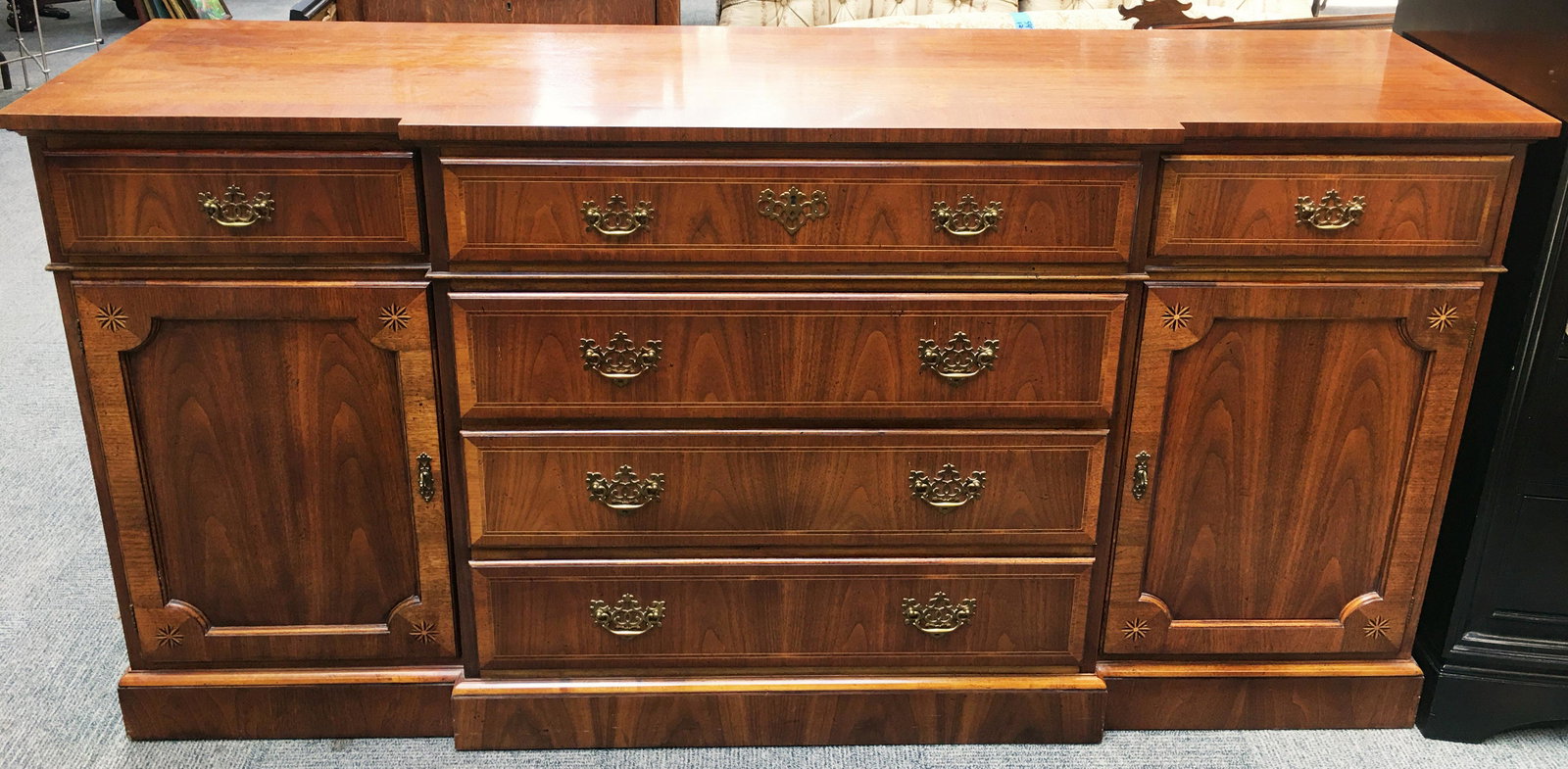 Baker Georgian-Style Banded Mahogany Sideboard.: Or, Buffet. In Overall Very Good Condition. The Top has some Very Light Scratches and a Bit of Wear. Measures 72" Wide by 36" High by 19" Deep. Third-Party Freight Shipping or Personal Pickup Required