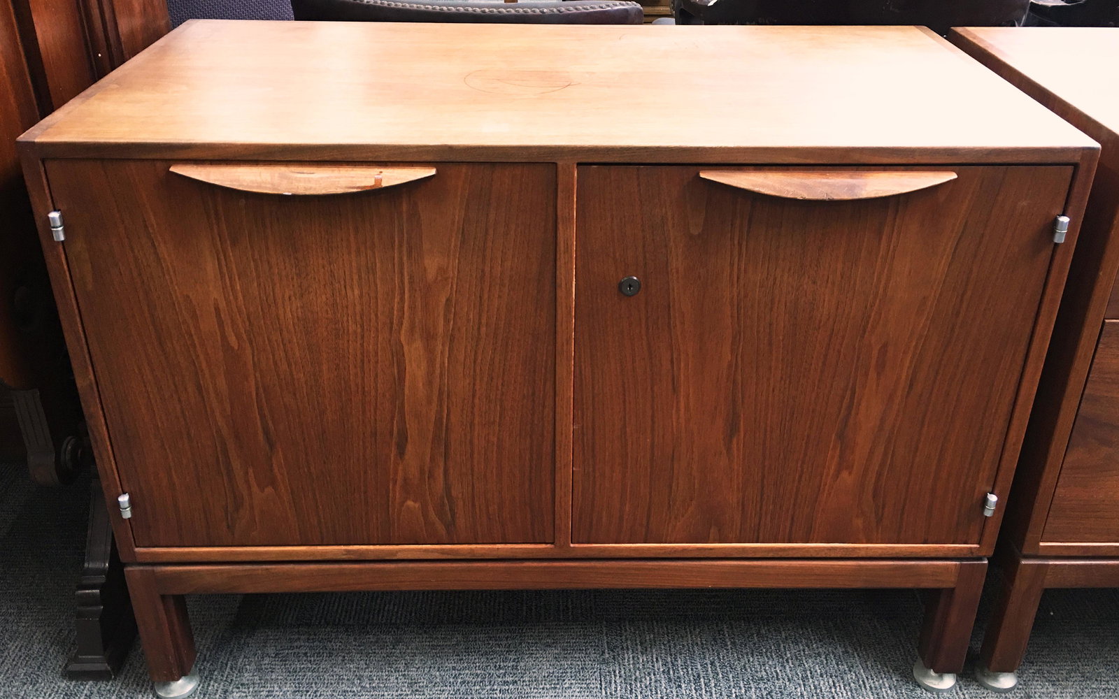 Jens Risom Mid-Century Refrigerator Cabinet.: Measures 28 1/4" Tall, 39" Wide, and 20" Deep. Has some Water Mark Rings on the Top, some Goo on one of the Handles, and some Wear where the cabinet closes. It Also has some Scratches on One Side. The