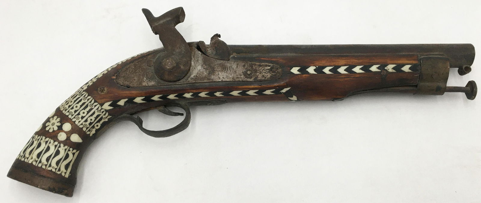 Antique Persian Bone Inlaid Flint-Type Gun.: Measures 16" Long.