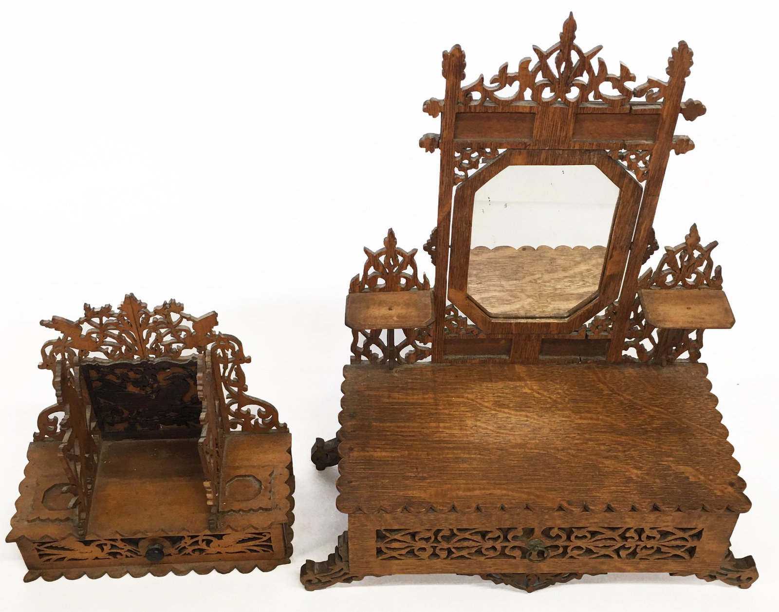 Lot: 2 Victorian Salesman's Sample-Type Pieces.: Ornate, Wood-Carved. The Dresser-Like Piece Measures 19 3/4" Tall. Third-Party Shipping Required.