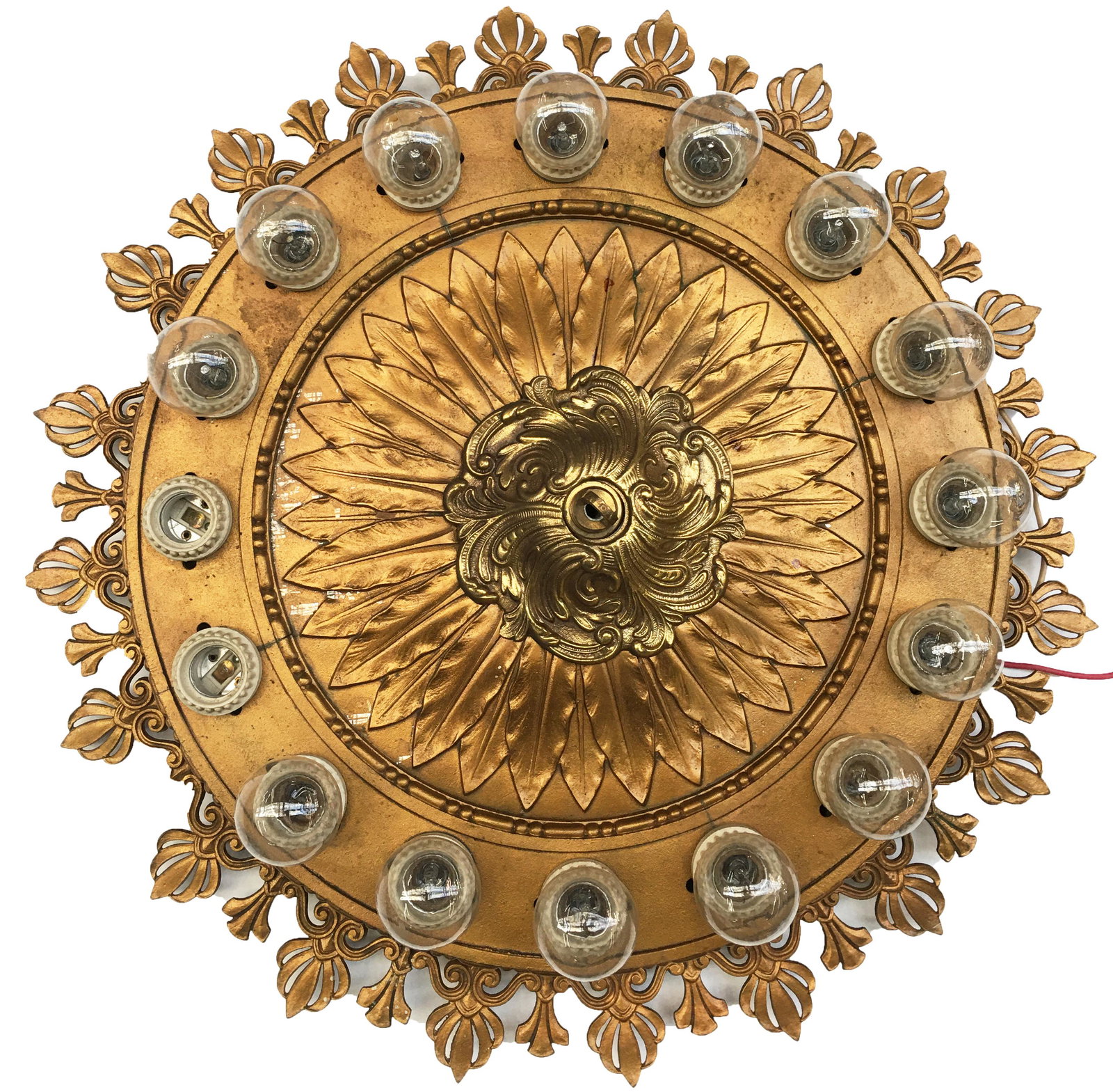 Art Deco Gold-Colored Metal Round Ceiling Fixture.: Measures 23" in Diameter. Third-Party Shipping Required.