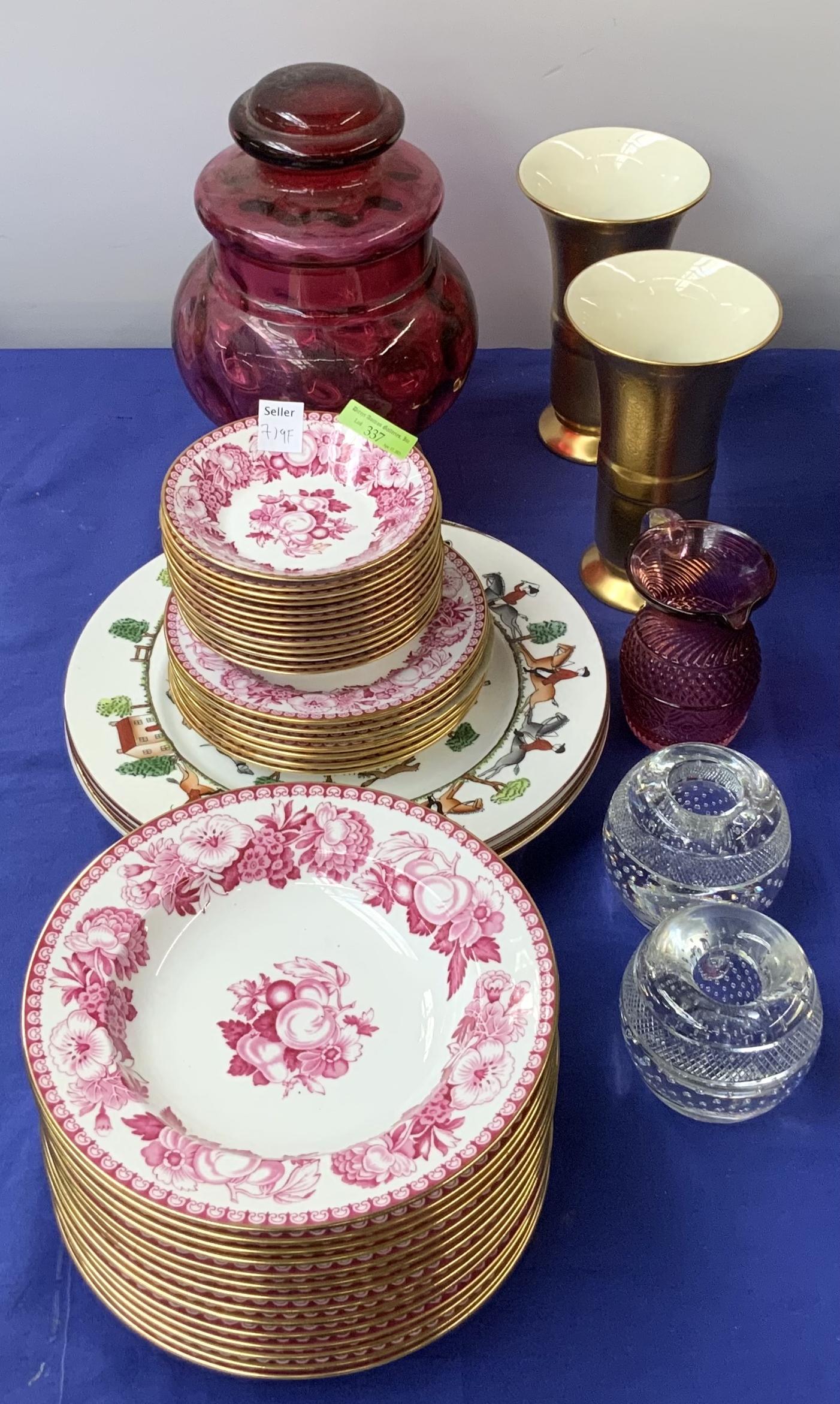 Lot: 34 Pcs. Spode Pink & White China, etc.: Also, 3 Large Royal Doulton Plates, Crystal Candleholders, Pickard Vases, and a 10" Tall Cranberry Glass Jar. Third-Party Shipping Required.